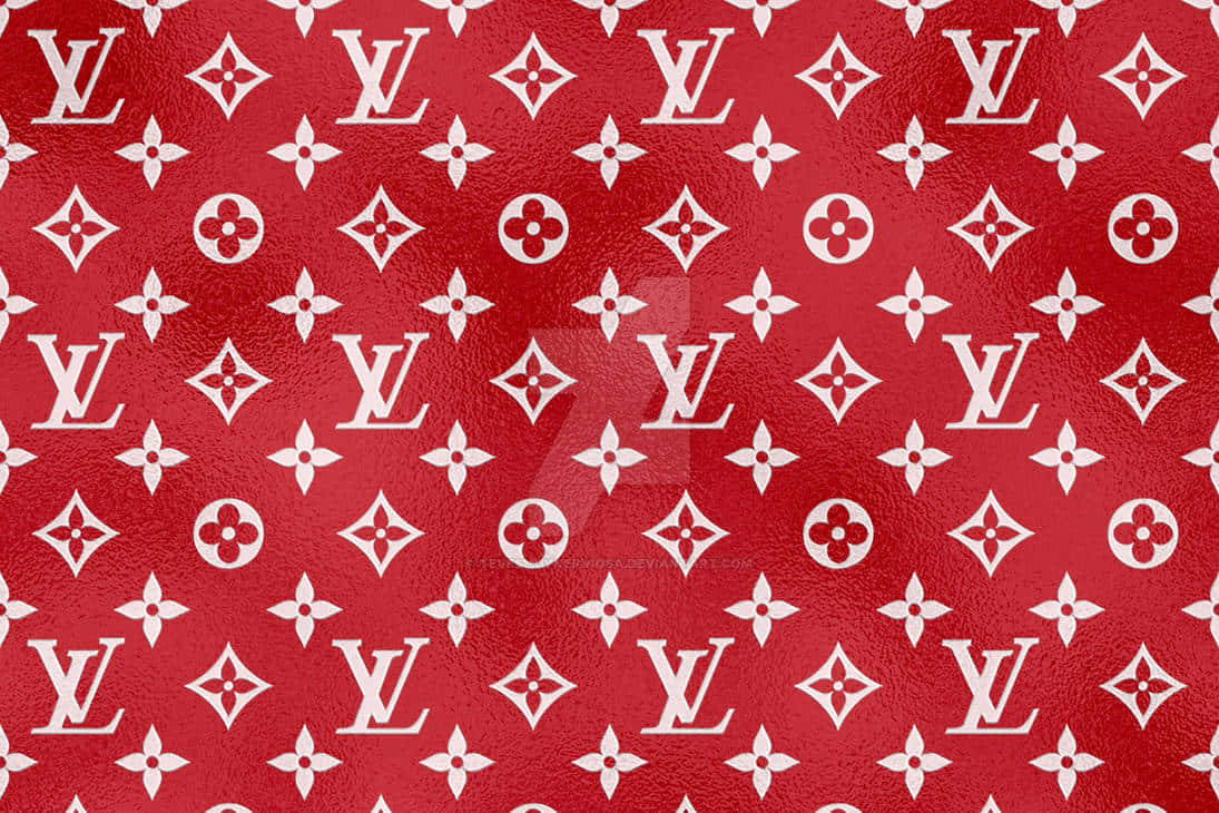 紅色紋理壁紙，帶有白色 Louis Vuitton 字母組合和花卉圖案。