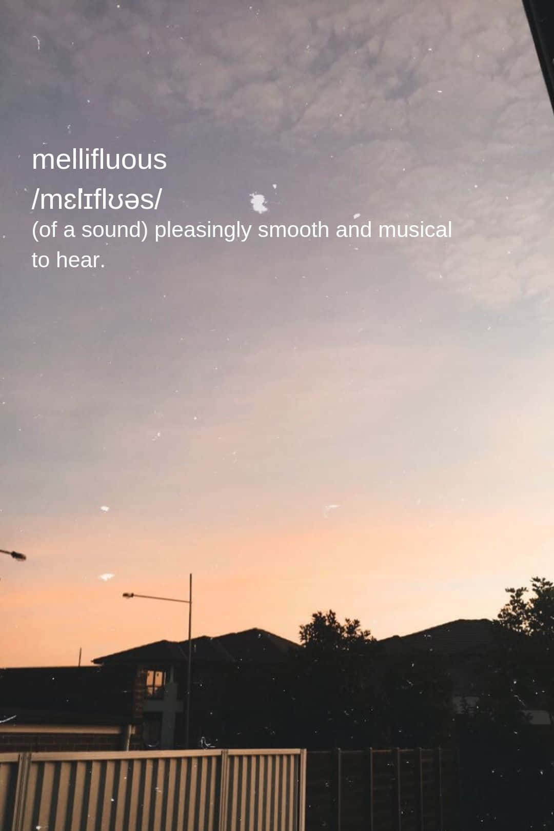 文字疊加在暮色天空和輪廓分明的屋頂背景下定義 mellifluous。
