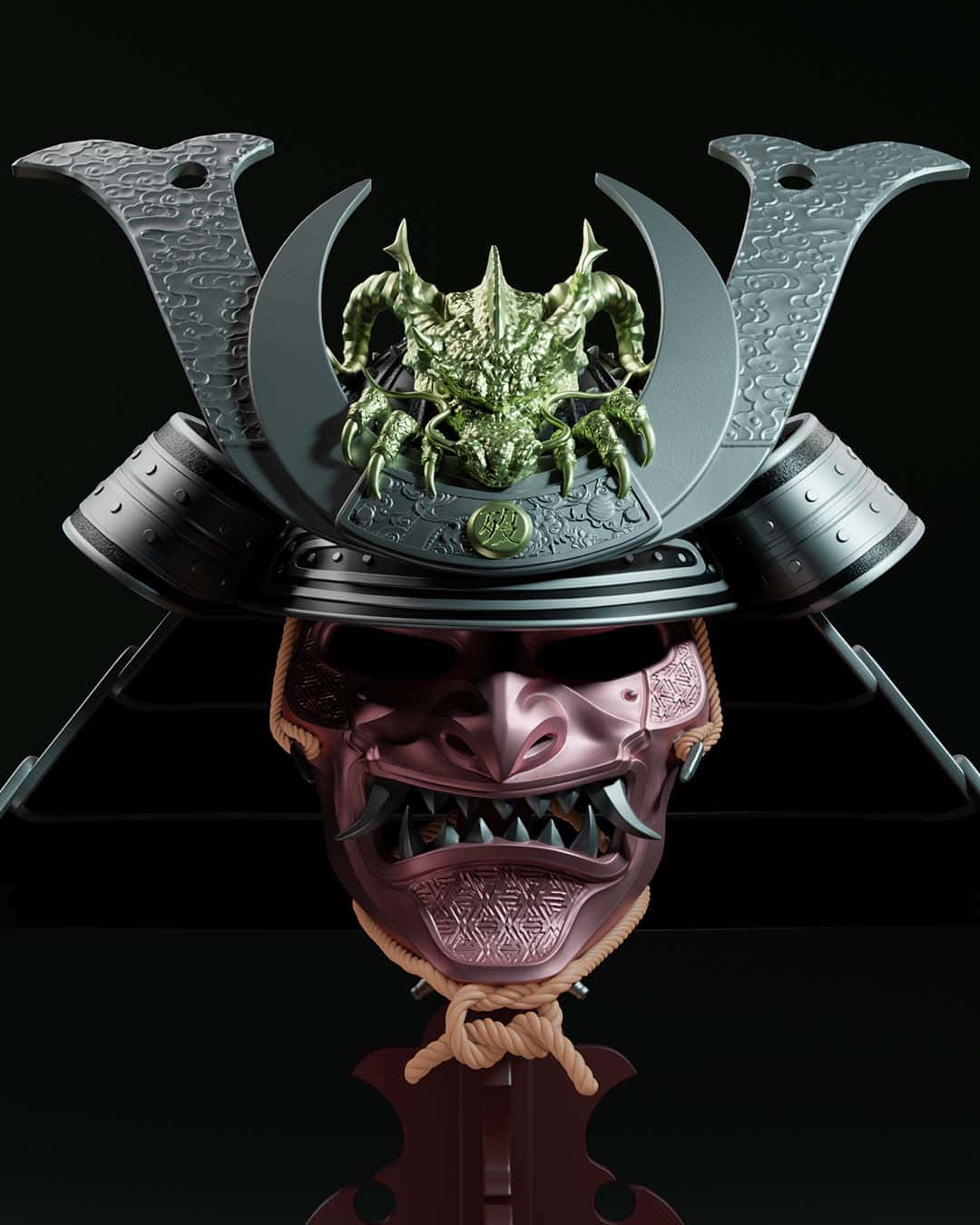 精緻武士頭盔設計 壁紙 — 一個帶有綠色尖刺惡魔紋章和粉紅色鬼面具的威嚇性武士頭盔，背景為黑色。