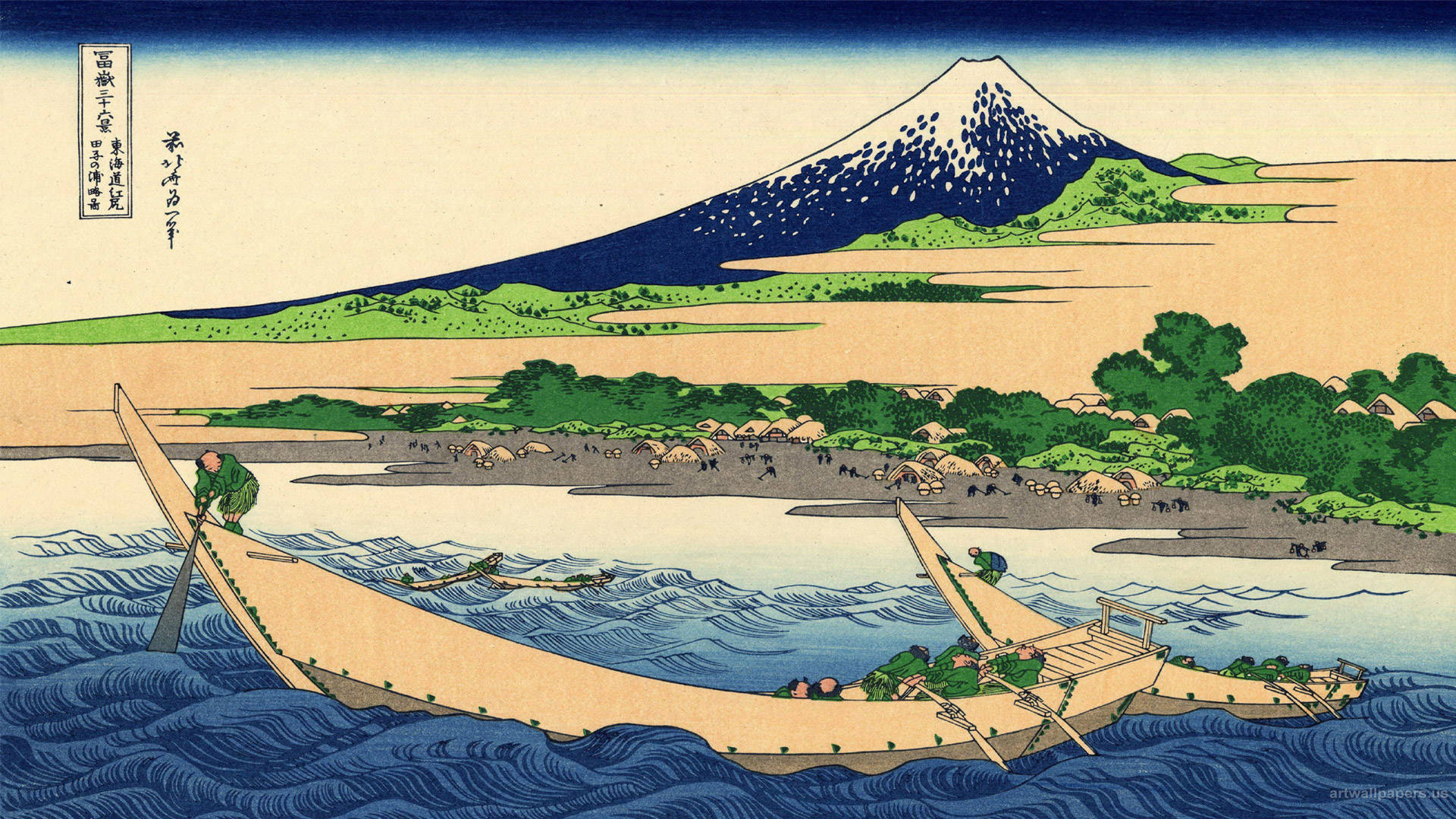 精緻民間藝術傑作 壁紙 — 一幅傳統日本木版畫描繪兩艘船隻在波濤洶湧的藍色海面上航行，靠近岸邊有茅屋，遠處是白雪覆蓋的富士山。