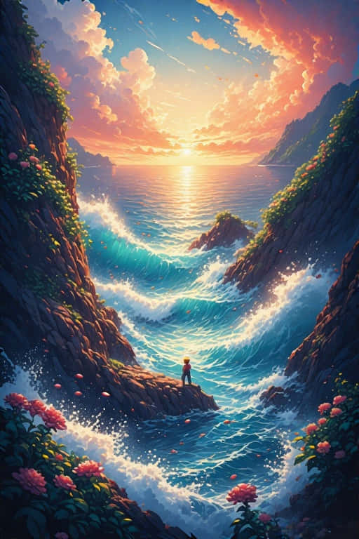 一個人站在懸崖邊，看著波浪在峽谷中拍打，日落時分有粉紅色的花朵。