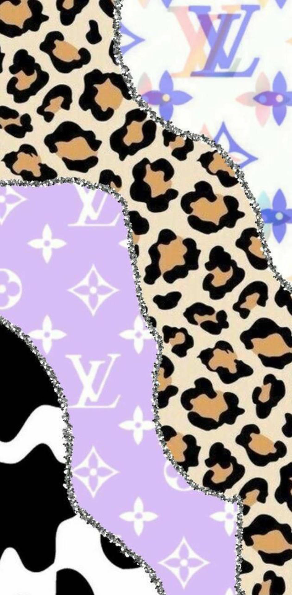 豹紋、乳牛紋和 Louis Vuitton 圖案的閃亮拼貼。 — 牛紋 壁紙