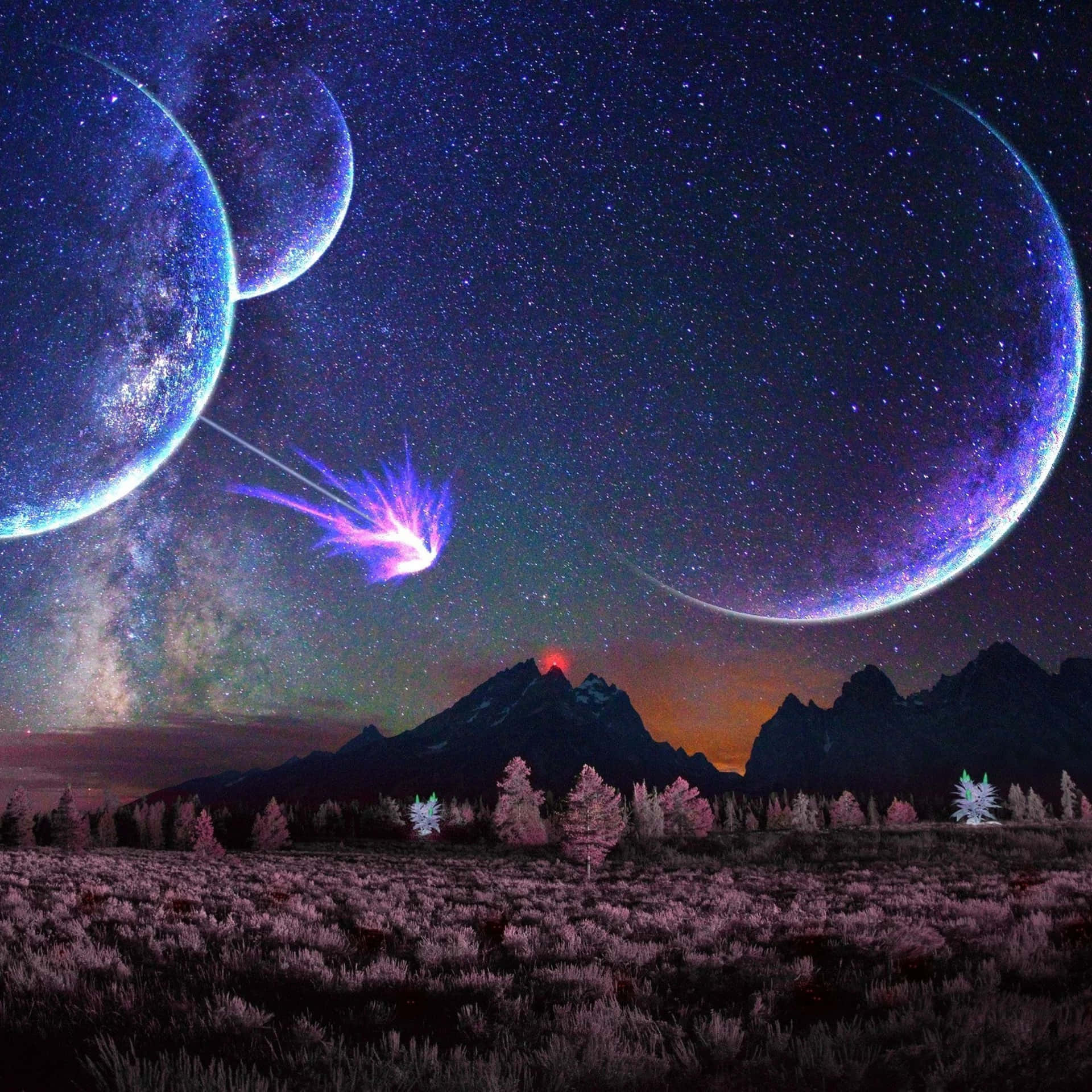 紫色的行星和流星照亮了暮色中的山脈。