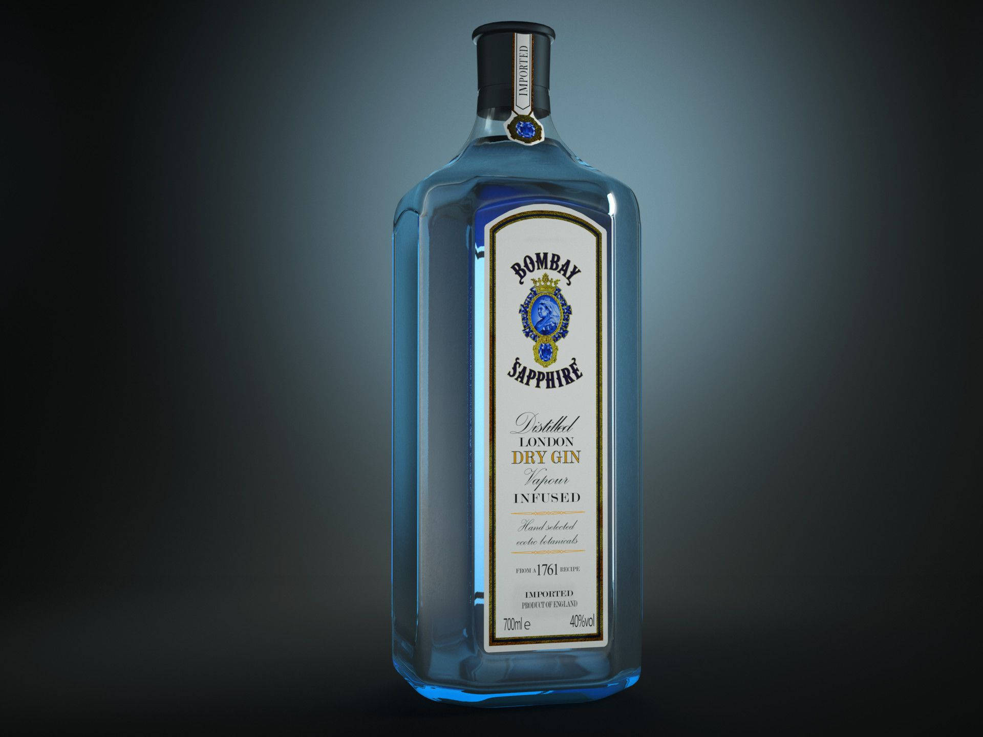 一個藍色 Bombay Sapphire 氈酒瓶，帶有標籤細節，置於深色漸變背景上。