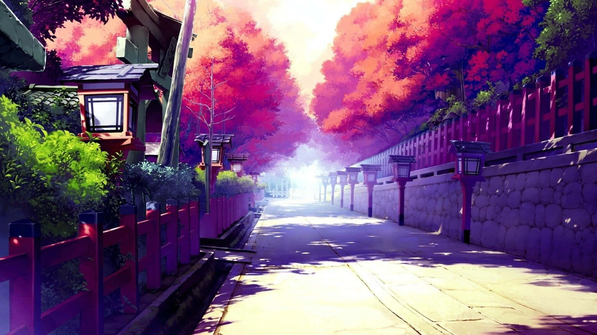 夕陽下，在發光的紅樹下，一條色彩繽紛的動漫小徑，帶有紅色柵欄和燈籠。