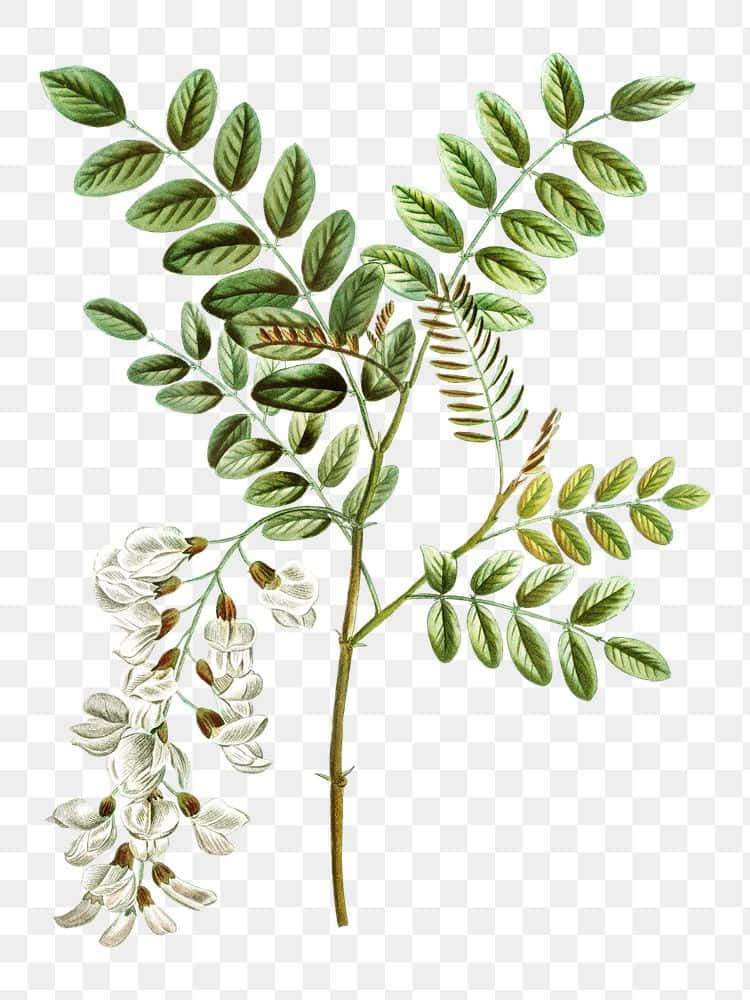 Black Locust 桌布 壁紙 — 精緻的植物插圖，描繪一條開花的樹枝，帶有綠色葉子和白色花朵，背景為格子圖案。