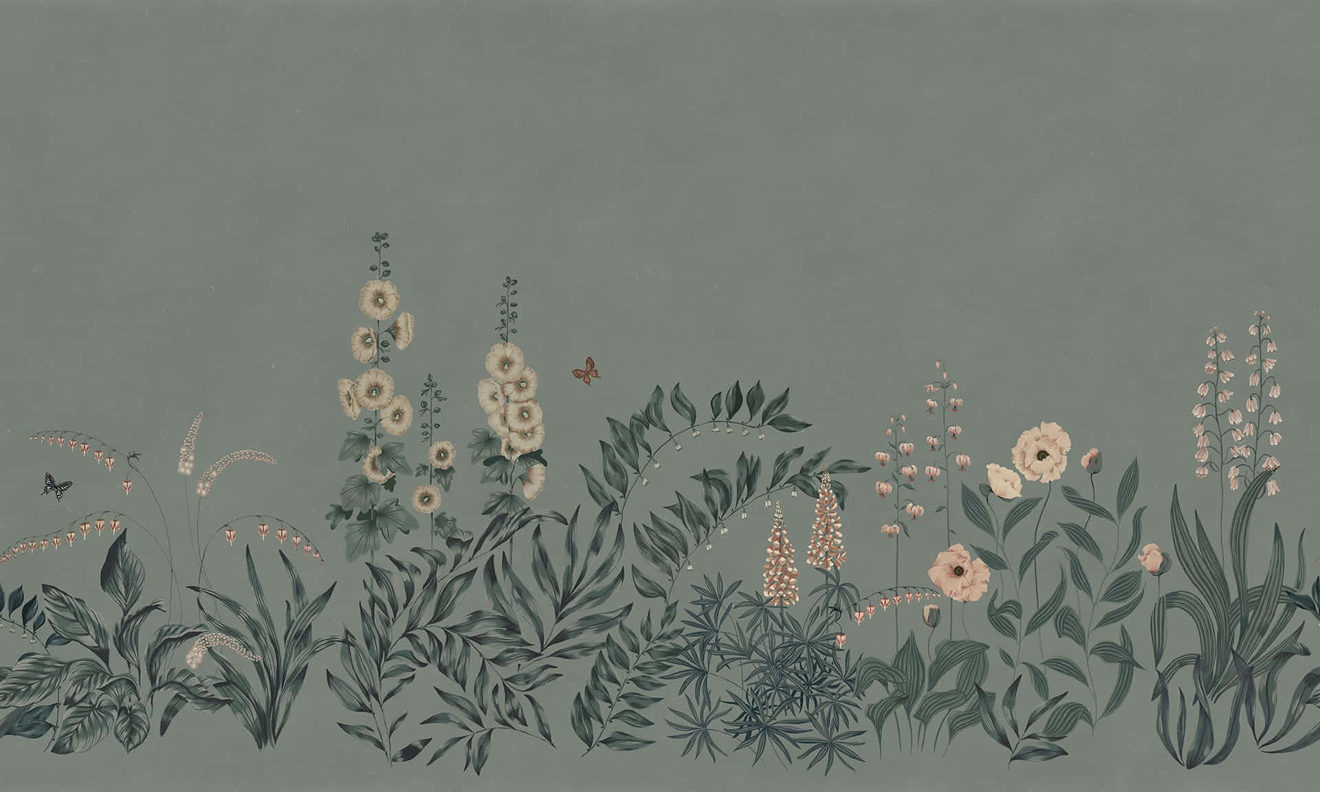 美學電腦 桌布 壁紙 — 精緻的植物插圖描繪了高大的蜀葵、毛地黃和風鈴草，蝴蝶在柔和的鼠尾草綠色背景上翩翩起舞。