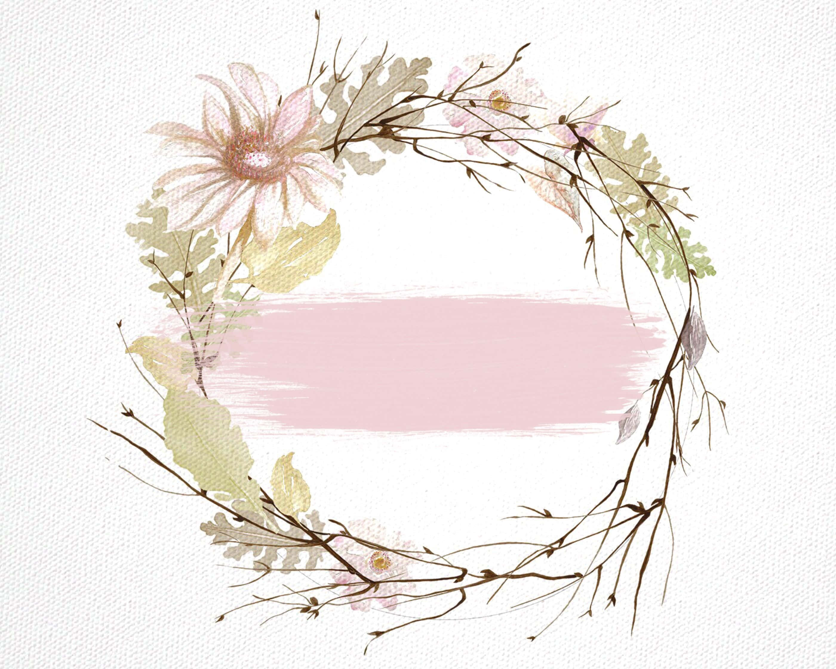 Floral Wreath 桌布 壁紙 — 精緻的水彩花環，粉紅花朵與綠葉環繞著紋理白色畫布上柔和的粉紅筆觸。