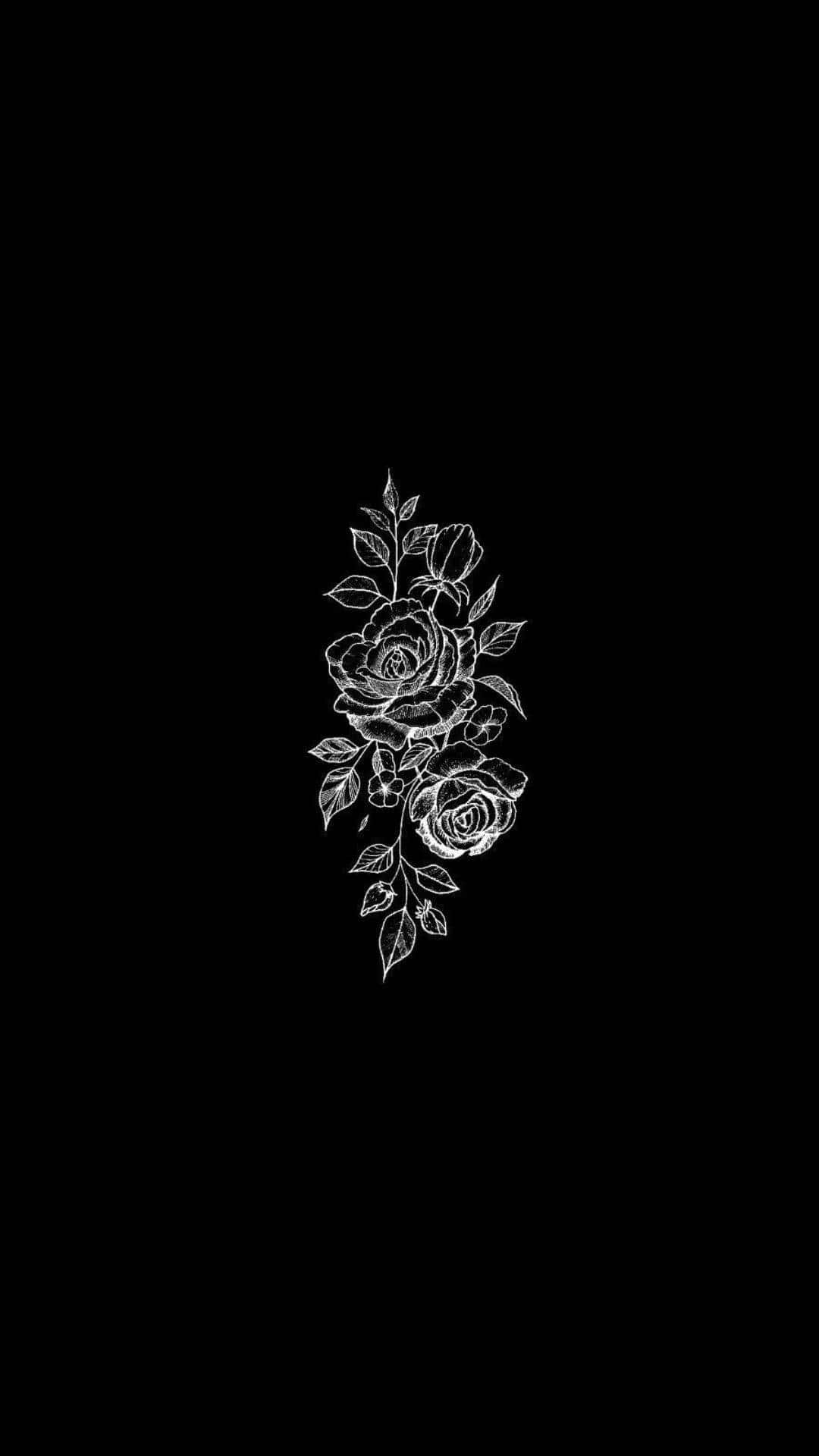 Aesthetic Rose 桌布 壁紙 — 精緻的白色線條繪畫玫瑰和葉子，在純黑色背景上脫穎而出。