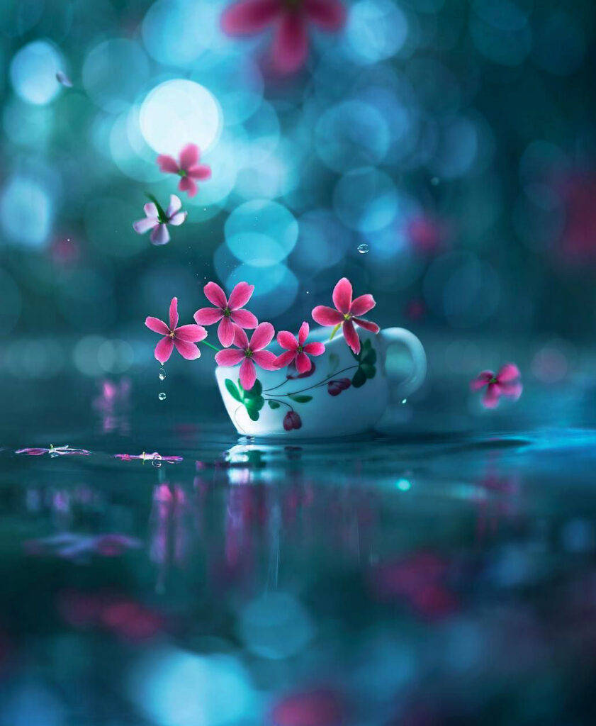 帶有粉紅色花朵的茶杯漂浮在水面上，背景是藍色散景。 — 花系美學 壁紙