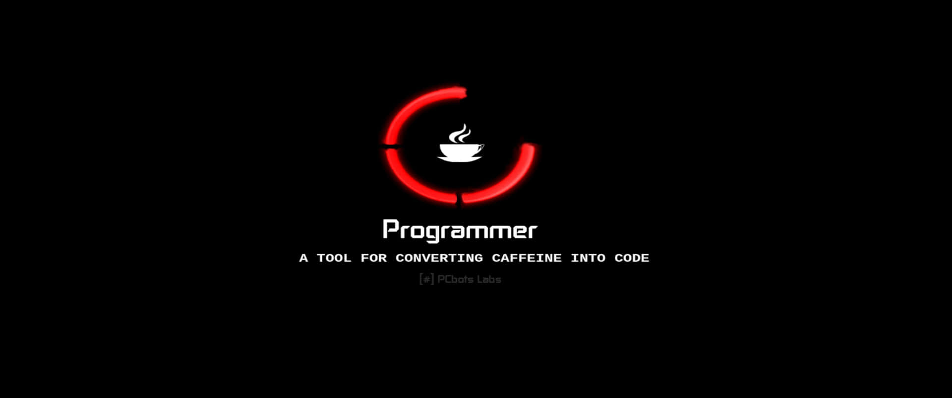 紅色圓形標誌，帶有咖啡杯和文字 Programmer，背景為黑色。