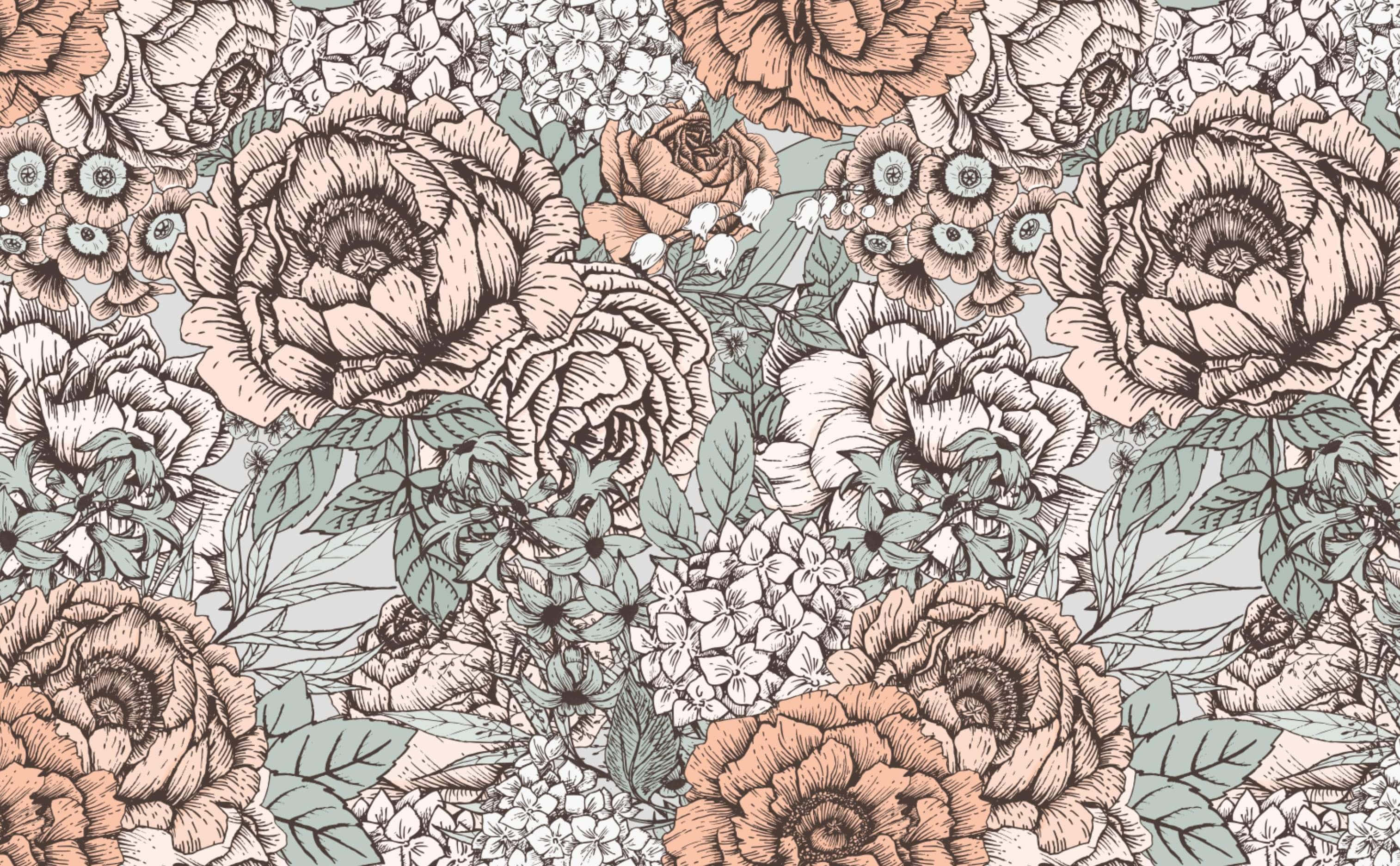 Floral Print 桌布 壁紙 — 精緻的花卉牆紙圖案，以手繪牡丹和繡球花為主，色調柔和，採用淡蜜桃色和鼠尾草綠色。