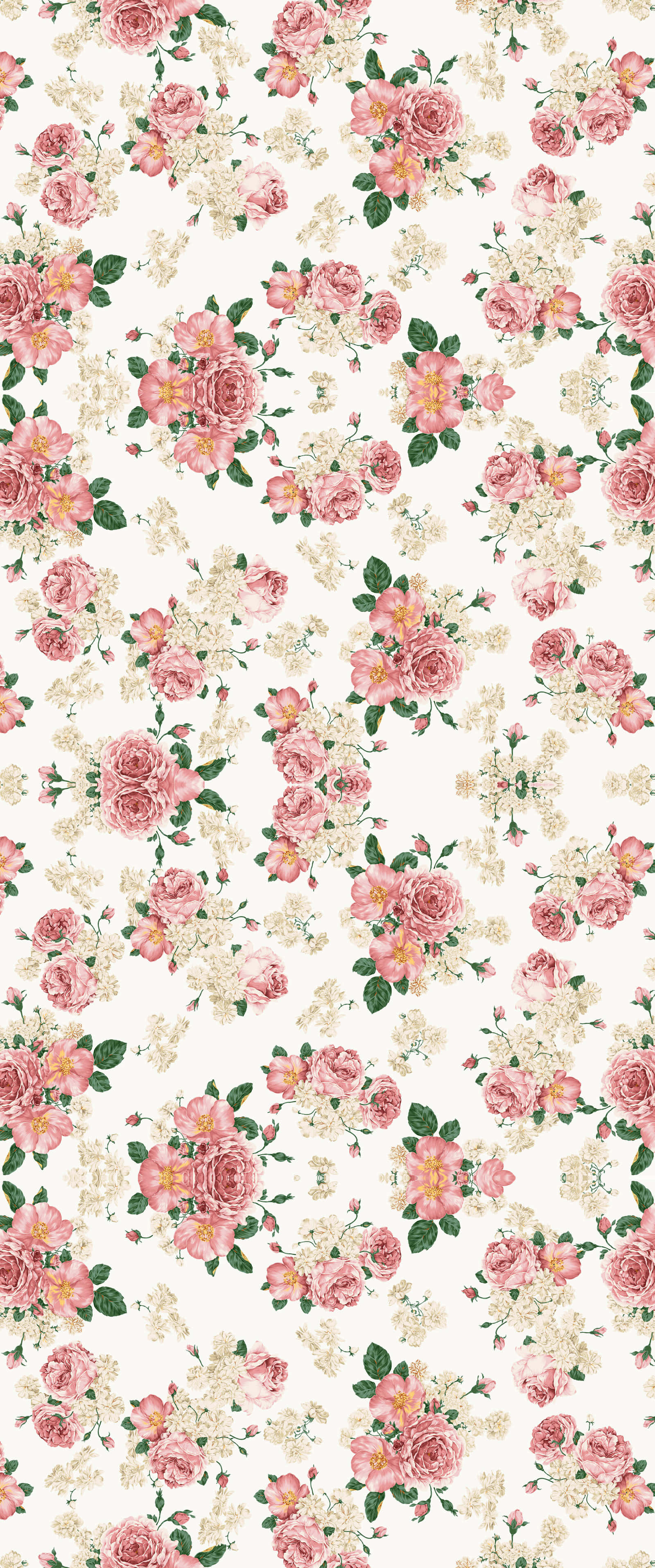 Rose Pattern 桌布 壁紙 — 精緻的花卉牆紙圖案，在奶油色背景上點綴粉紅玫瑰、白色花朵和綠色葉子。