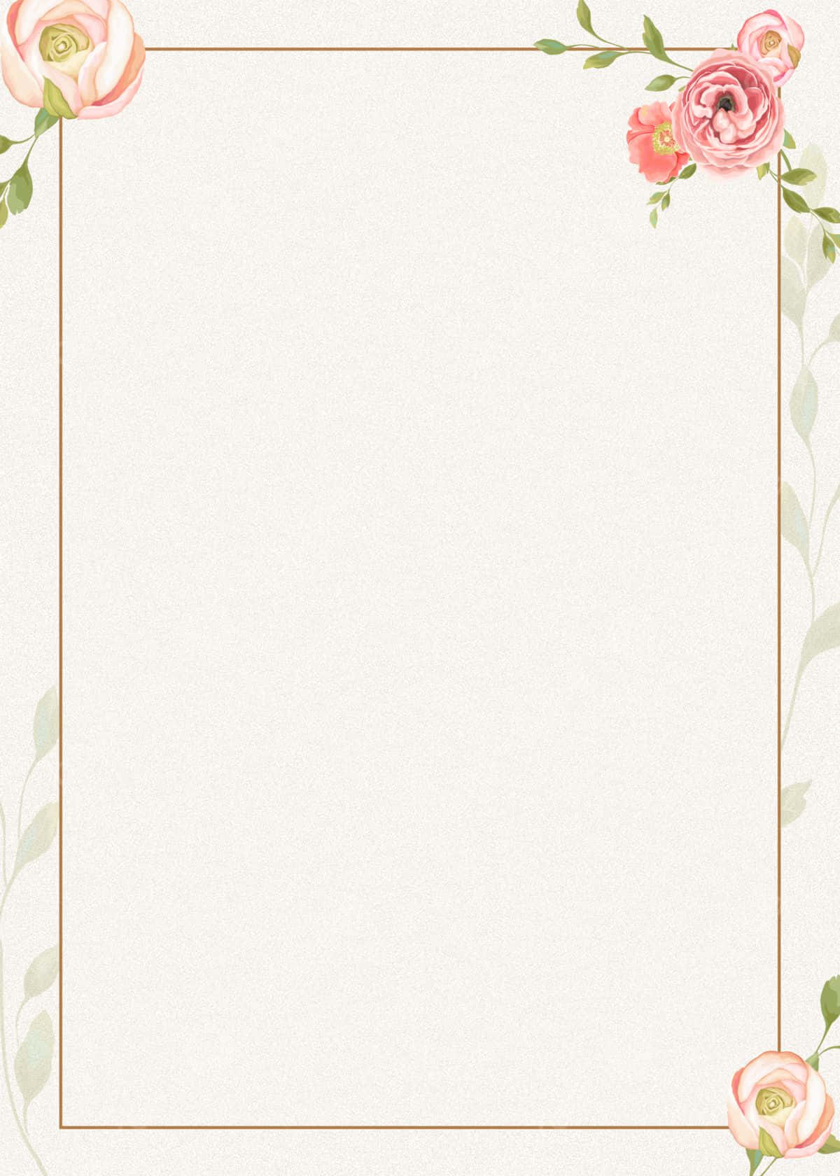 Elegant Floral 桌布 壁紙 — 精緻的花卉邊框，以柔和的粉紅玫瑰和綠色藤蔓環繞著帶有幼金線的空白奶油色背景。