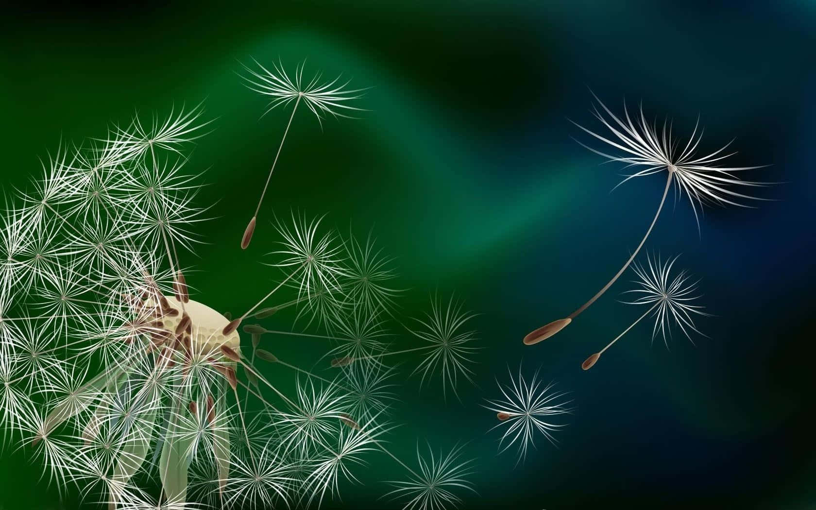 蒲公英 桌布 壁紙 — 精緻的蒲公英種子在漸變綠色和藍色的夜空中飄蕩，伴隨著柔和的光芒。
