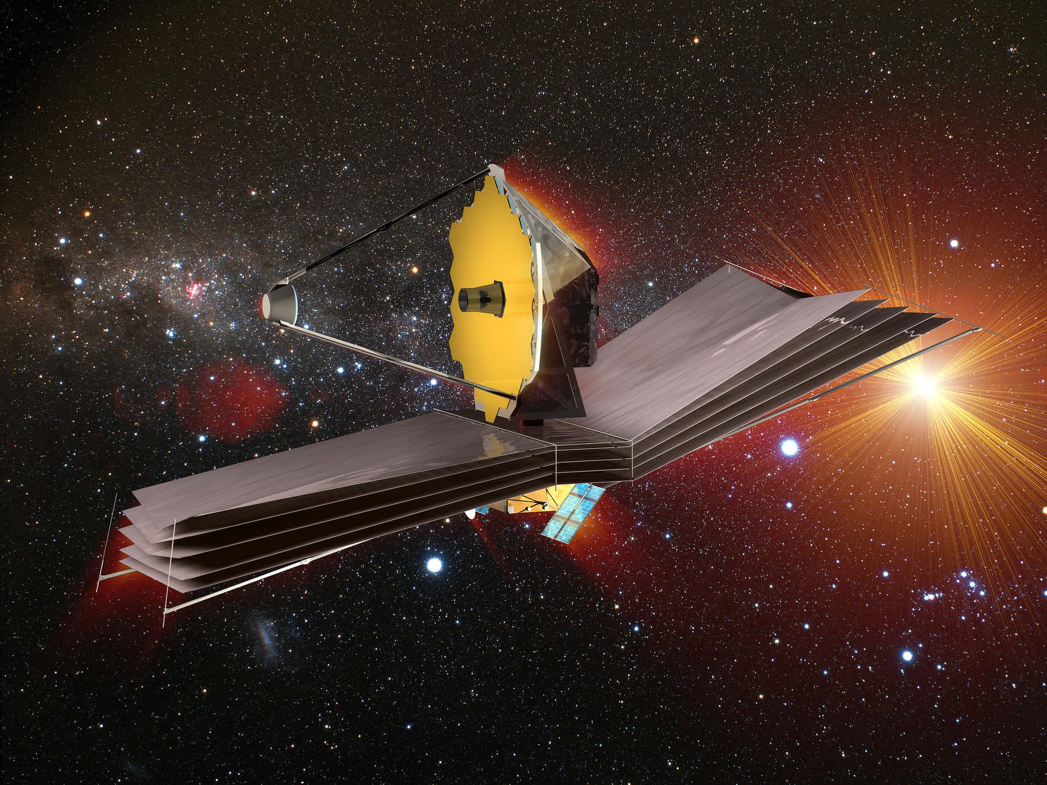 詹姆斯·韋伯太空望遠鏡在恆星和彩色星雲之間運行。