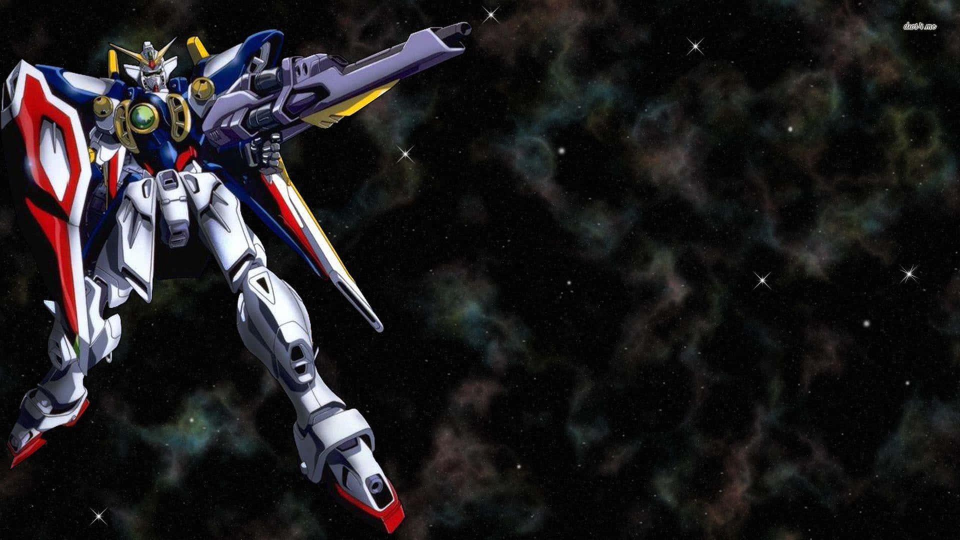 動畫機甲機械人在外太空發射，背景有色彩繽紛的星雲和星星。