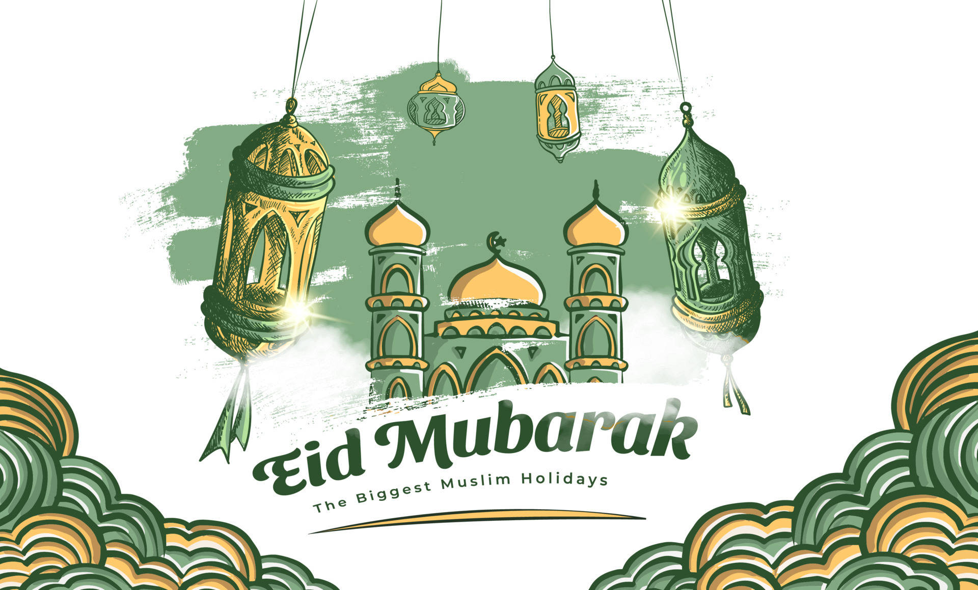以綠色和金色清真寺及掛燈籠為主題的 Eid Mubarak 祝福。