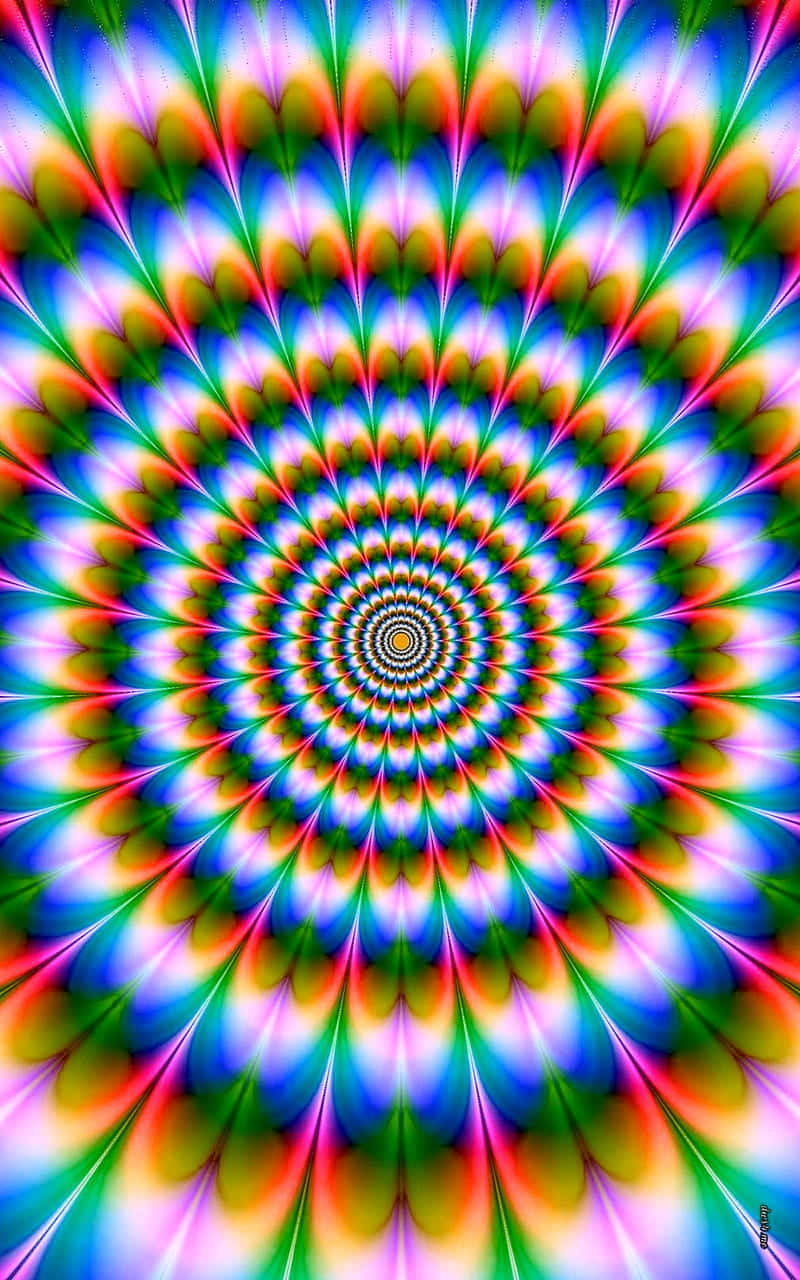 充滿活力的數位抽象螺旋，帶有重複多彩的羽毛圖案。
