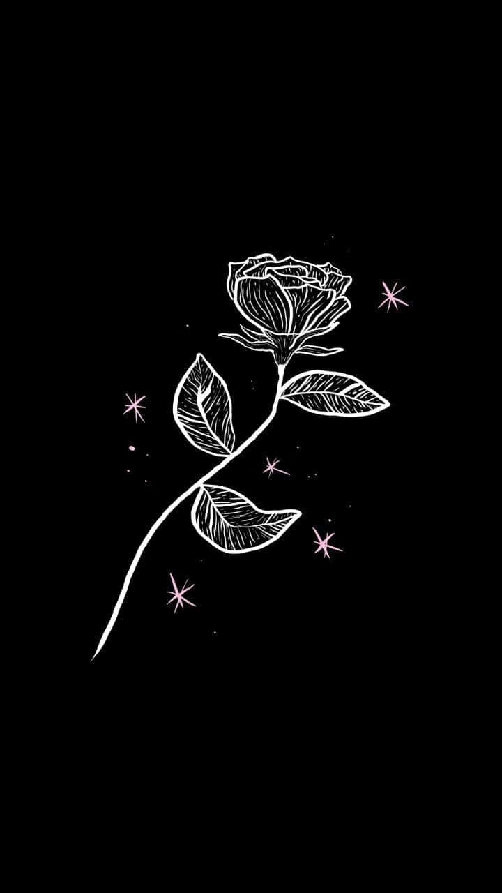 精緻的黑白風格花朵 壁紙 — 一朵精緻的白色線條玫瑰，帶有葉子和粉紅色閃光，漂浮在純黑色背景上。