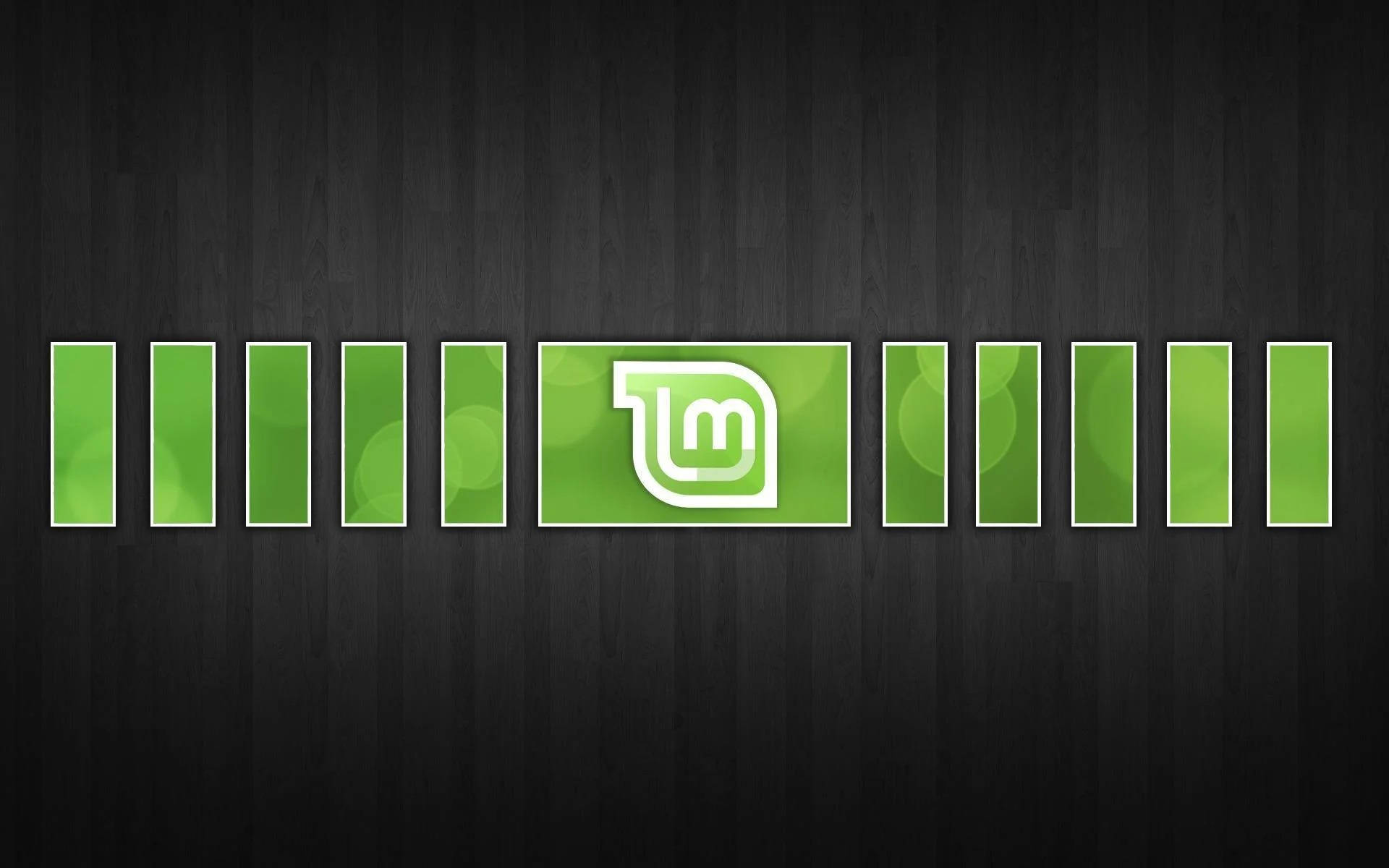精緻矩形框裝飾 Linux Mint Logo 壁紙 — 一個時尚的綠色Ubuntu標誌，居中放置在深色木板背景上，帶有發光的綠色矩形條。