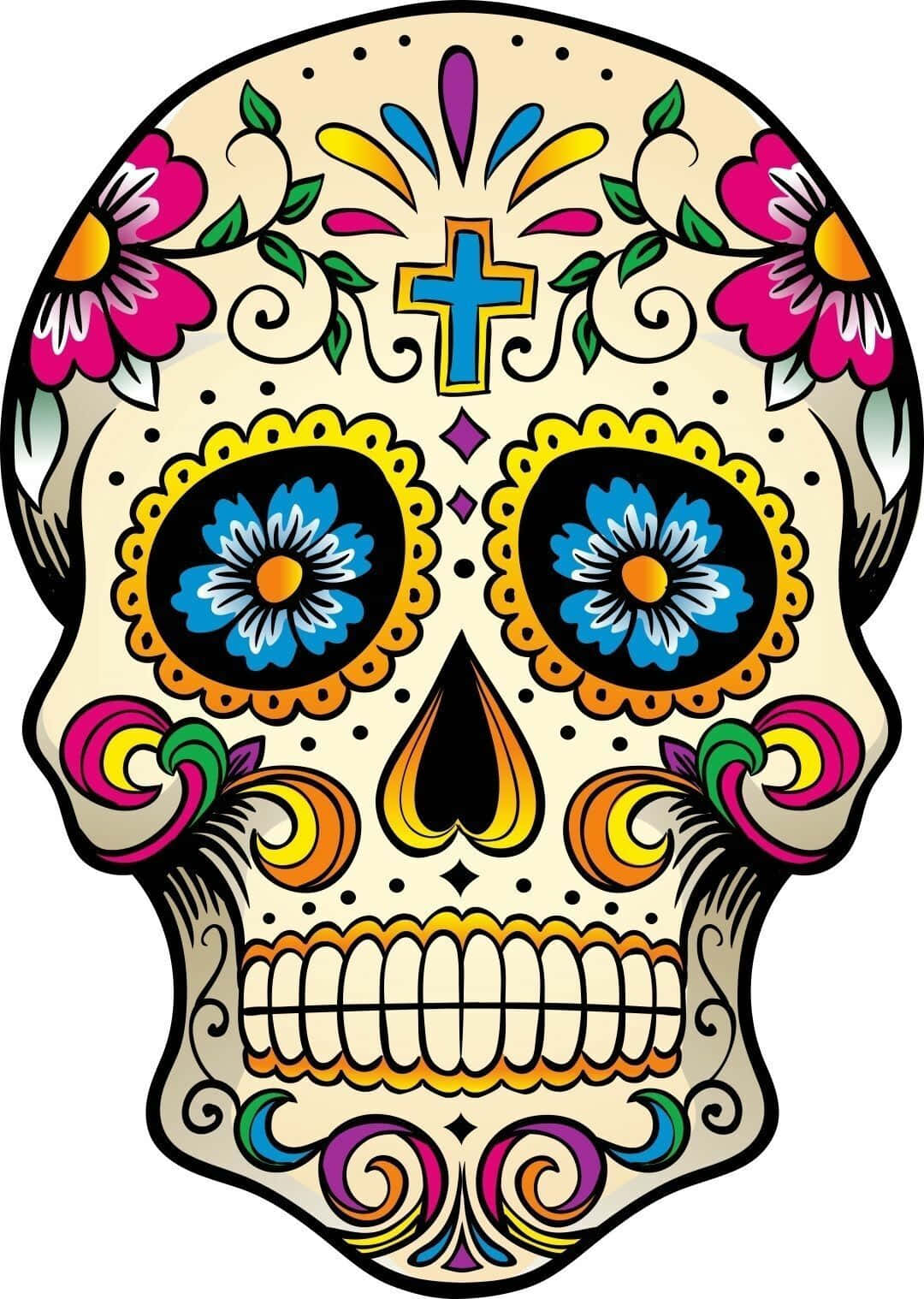 「精緻糖骷髏」 壁紙 — 鮮豔的糖骷髏，飾有彩色花朵漩渦和藍色十字架，背景簡單。