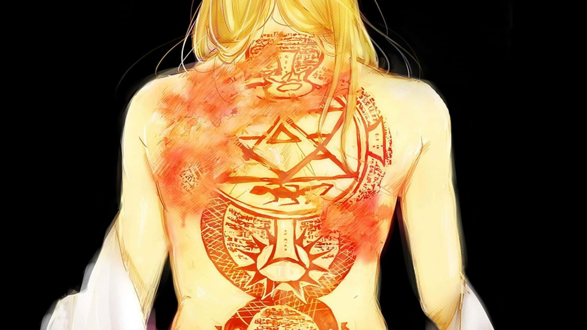 金髮動漫女孩在黑色背景上露出背上發光的橙色神秘紋身。