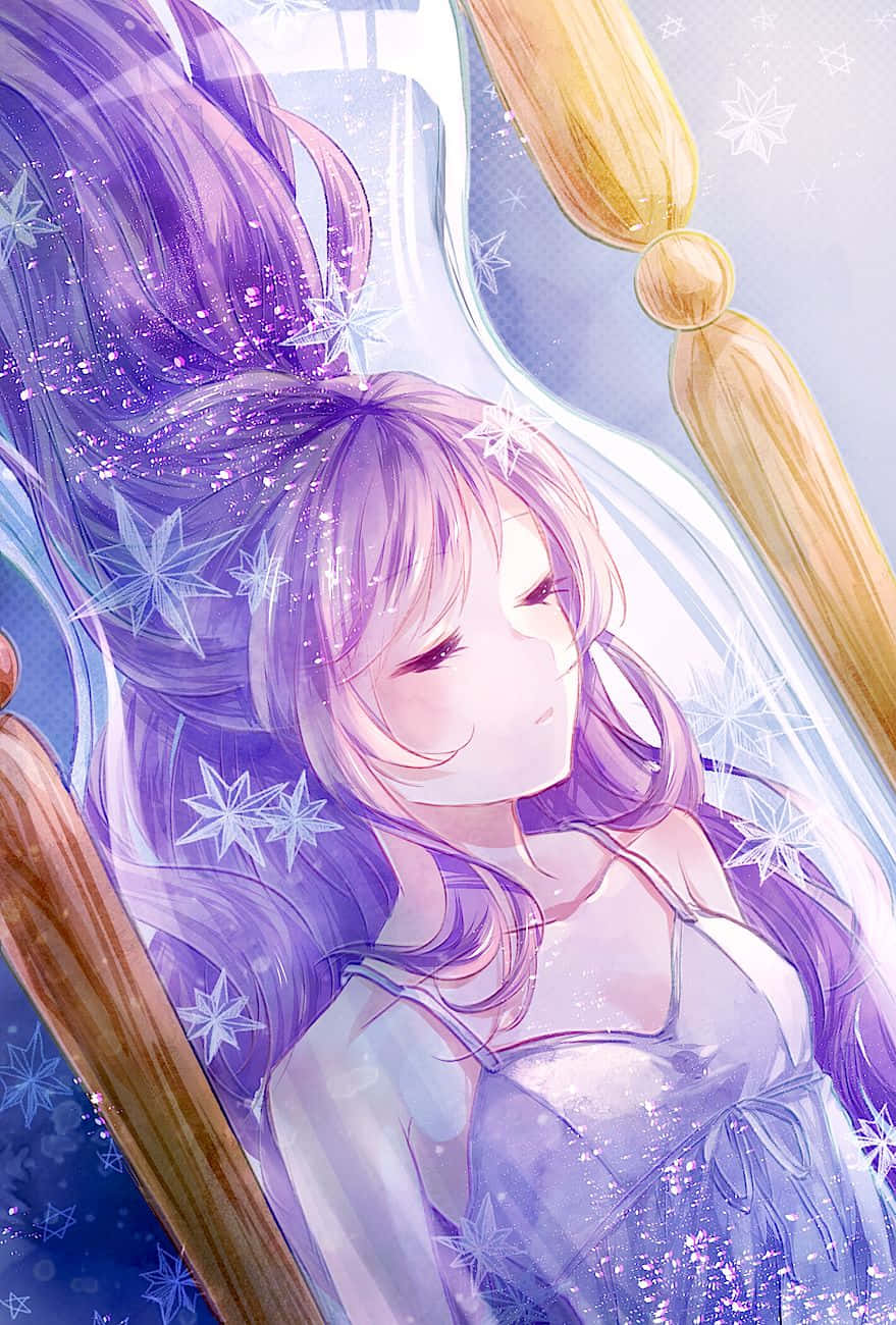 紫髮動漫女孩在發光沙漏中與雪花一起
