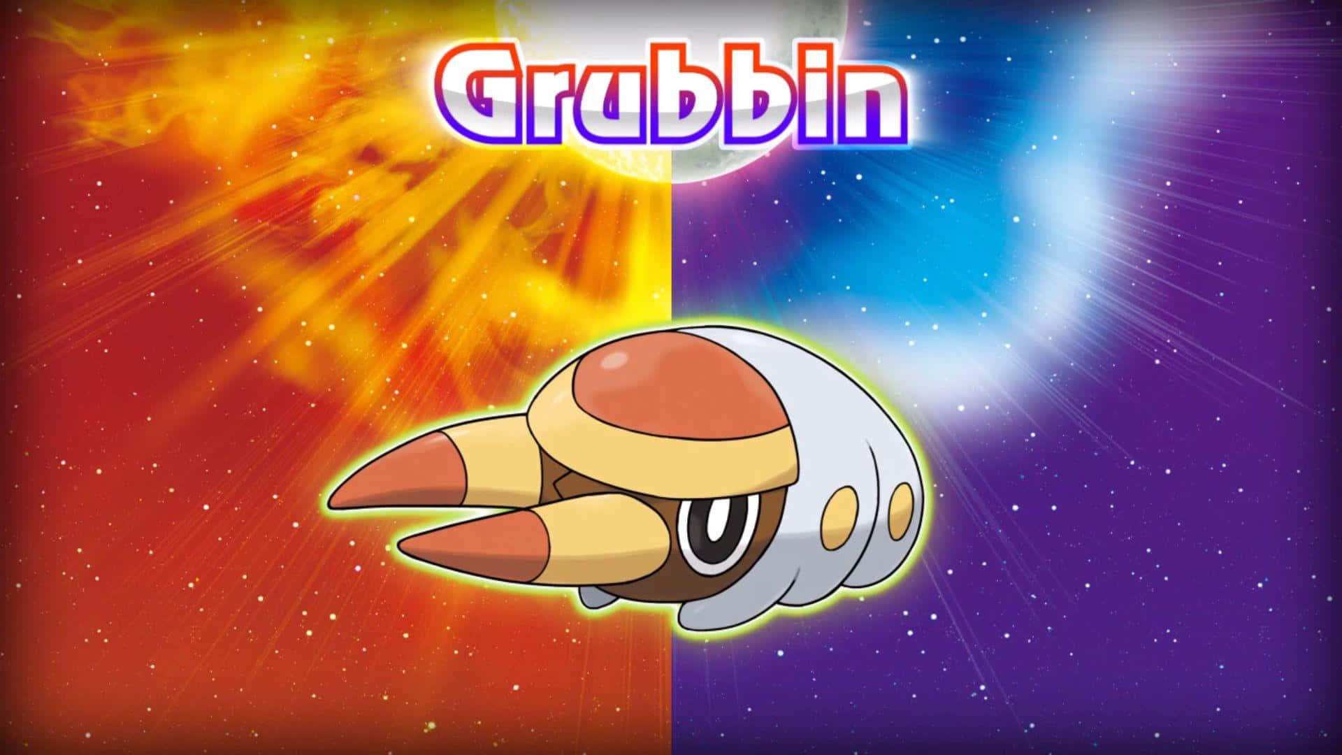 精緻美味的家庭料理 壁紙 — 一隻名為 Grubbin 的卡通蟹 Pokémon 在熾熱橙色和冷藍色的宇宙背景之間漂浮，伴有星爆。