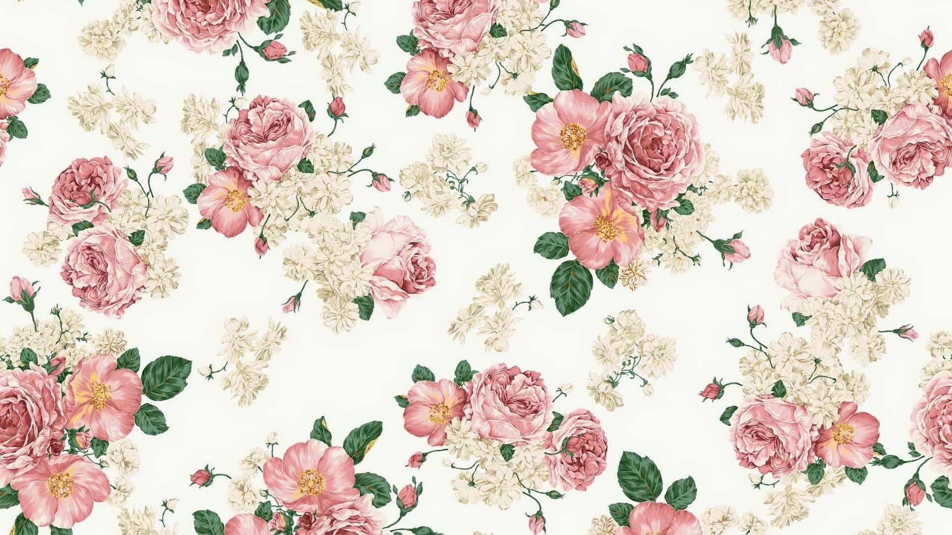 Vintage Aesthetic Plant 桌布 壁紙 — 精緻花卉牆紙圖案，以柔和粉紅玫瑰和奶油白花搭配綠色葉子，襯托在淡色背景上。
