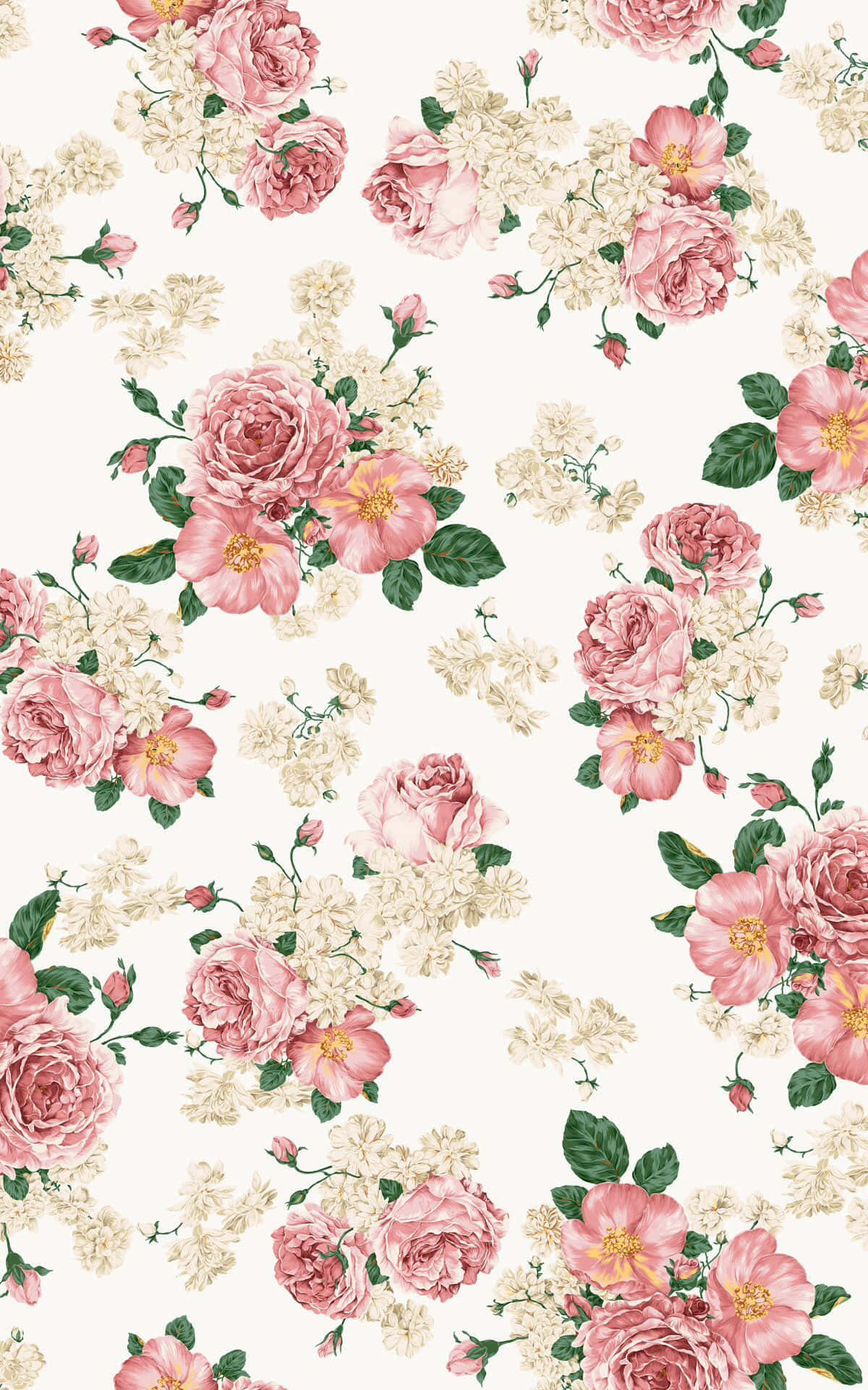 Floral Print 桌布 壁紙 — 精緻花卉牆紙圖案，以淡奶油色背景襯托柔和的粉紅玫瑰和奶油白色花朵及綠葉。