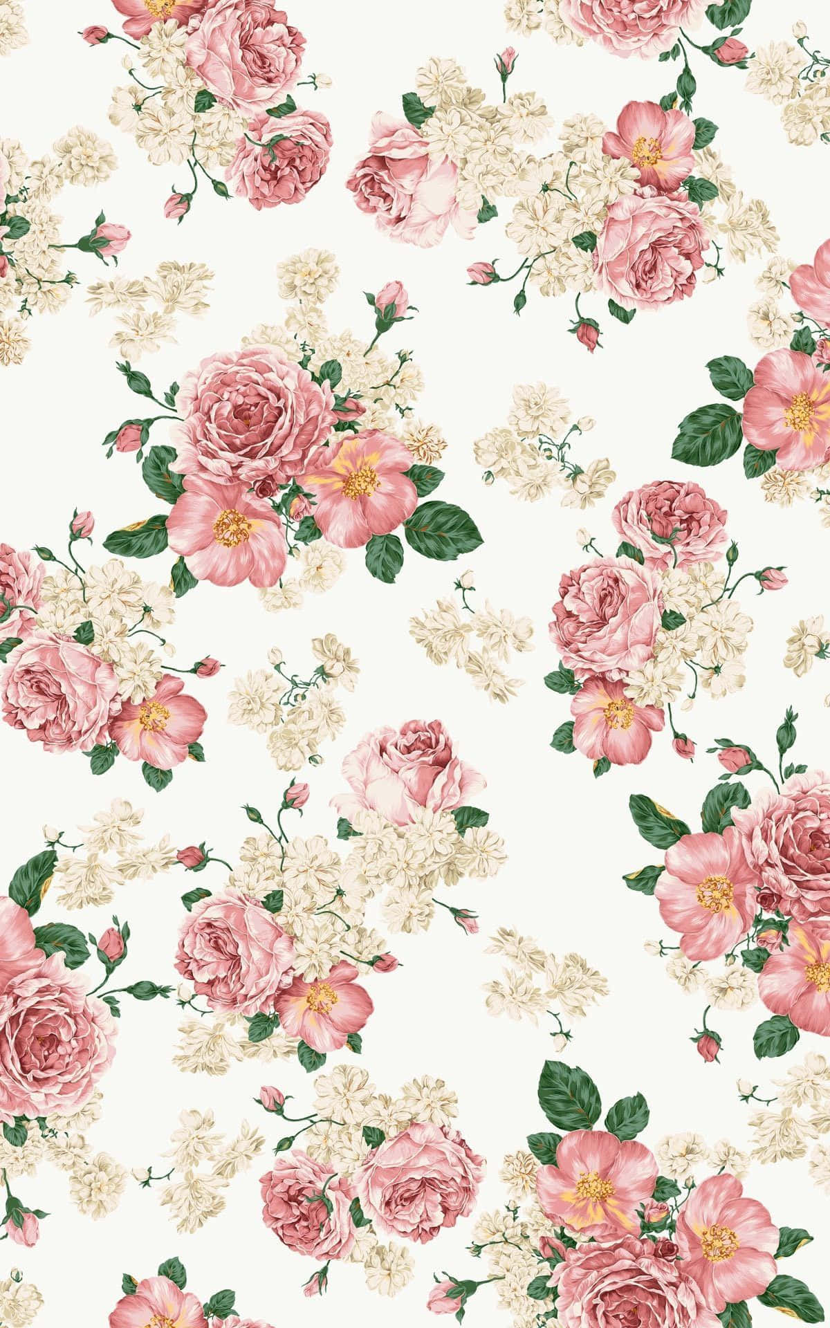 Rose Pattern 桌布 壁紙 — 精緻花卉牆紙圖案，以淡奶油色背景襯托柔和的粉紅玫瑰、奶油白花朵和綠葉。