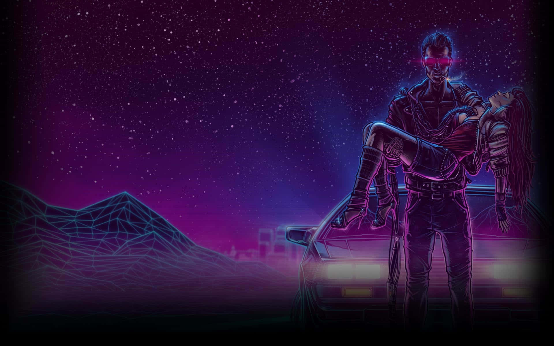 精緻蒸汽龐克宇宙 壁紙 — 一個充滿霓虹燈的復古未來主義場景，一名男子在星光燦爛的紫色天空下，在發光的汽車旁擁抱著一名女子。