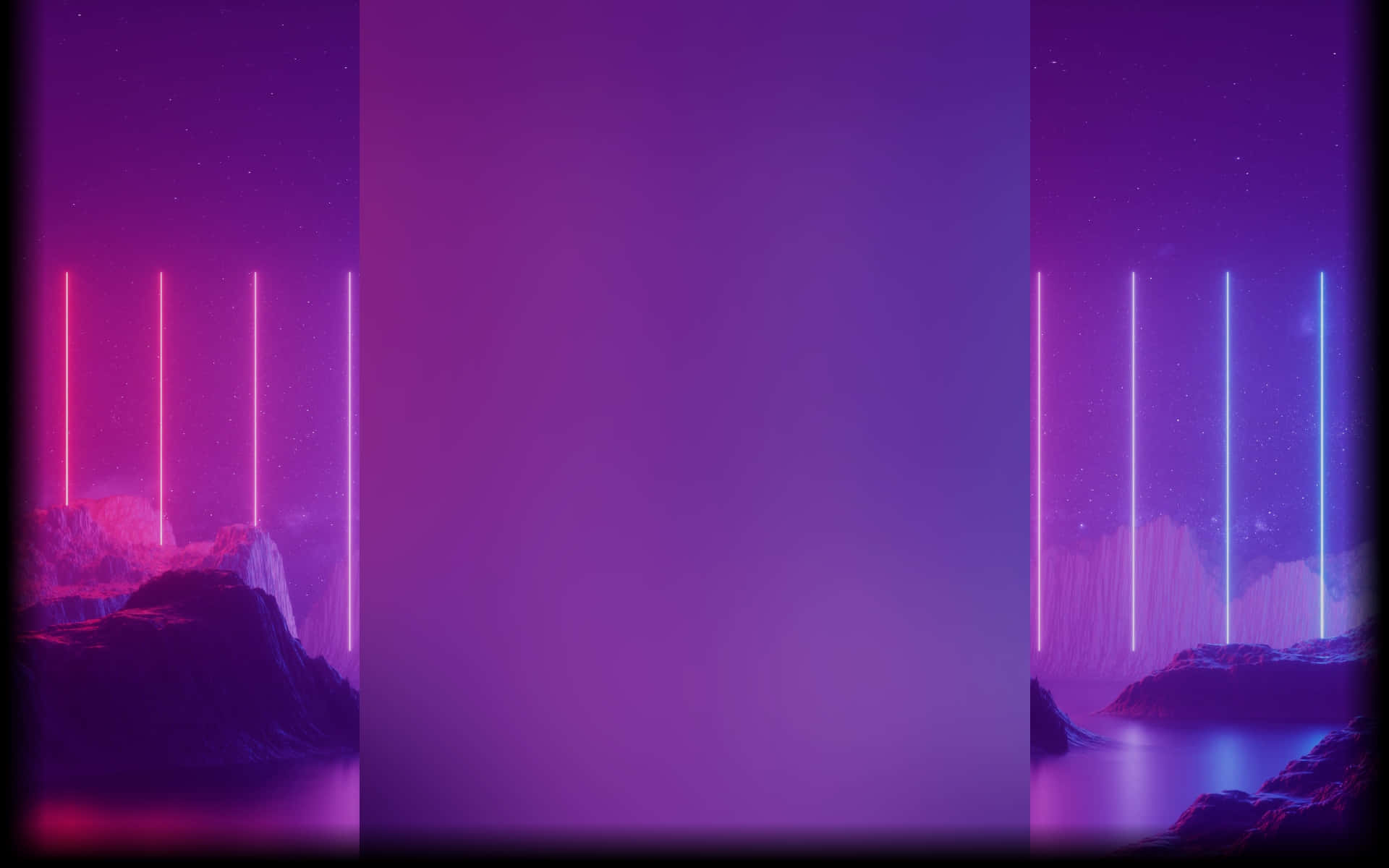精緻蒸汽龐克背景 壁紙 — 一個對稱的霓虹燈未來主義景觀，在星空紫色天空下，岩石海岸上閃爍著垂直光束。