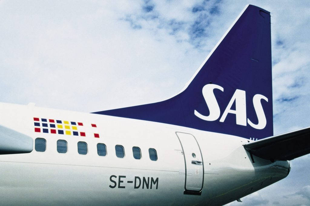 SAS飛機尾部，註冊號為SE-DNM，背景為多雲的天空。