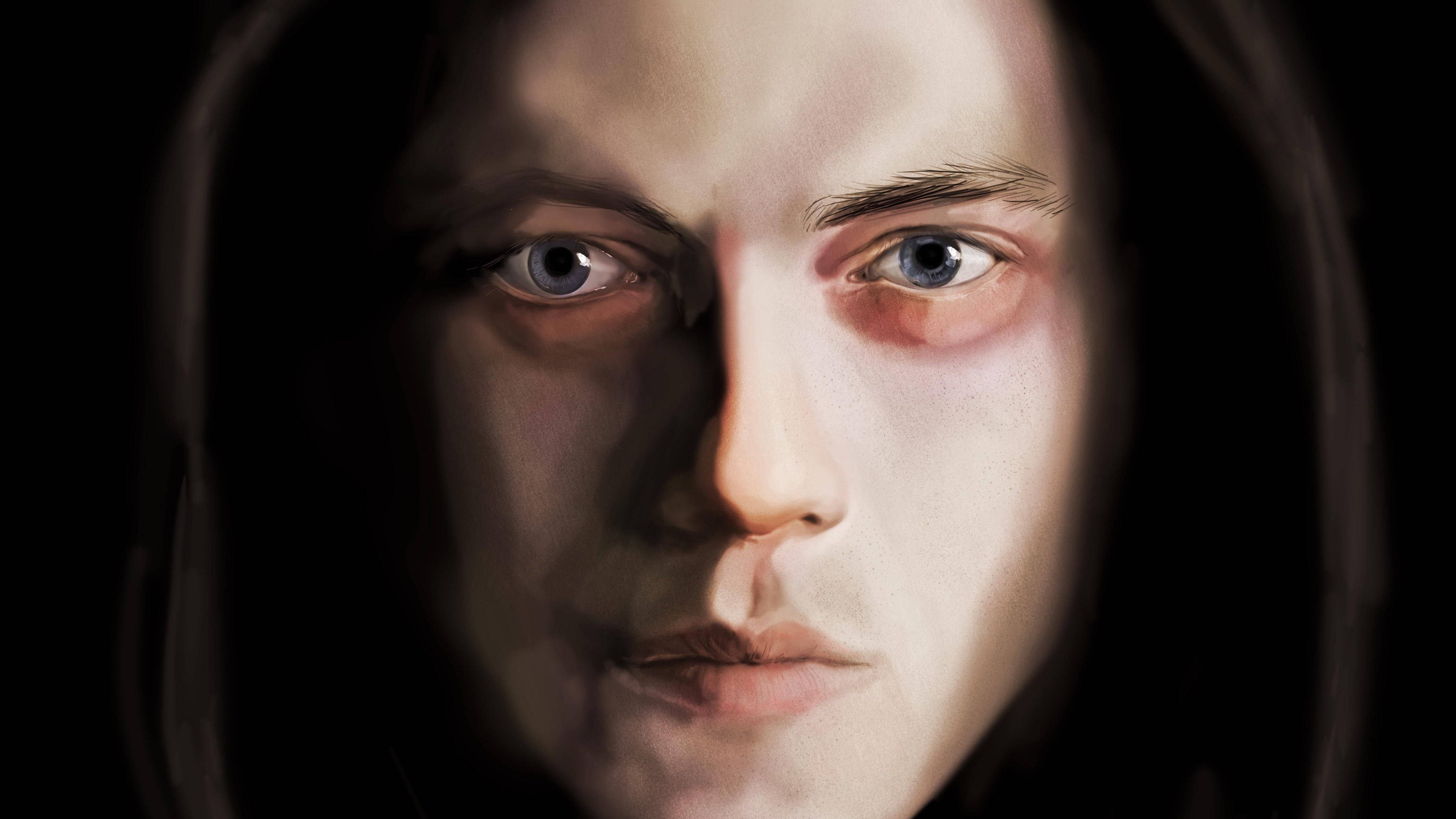 精緻藝術呈現《Mr. Robot》主角 壁紙 — 一個令人難忘的數碼肖像，一個戴著兜帽的人，擁有銳利的藍色眼睛和瘀傷的臉頰，背景為黑色。