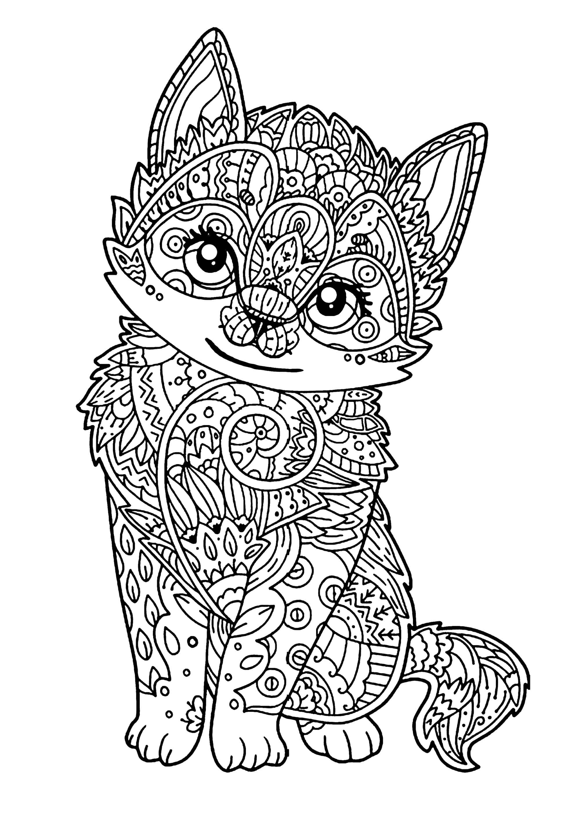精緻貓塗鴉圖 壁紙 — 一幅異想天開的黑白線條畫，畫中一隻小貓身上佈滿複雜的曼陀羅圖案和花卉圖案。