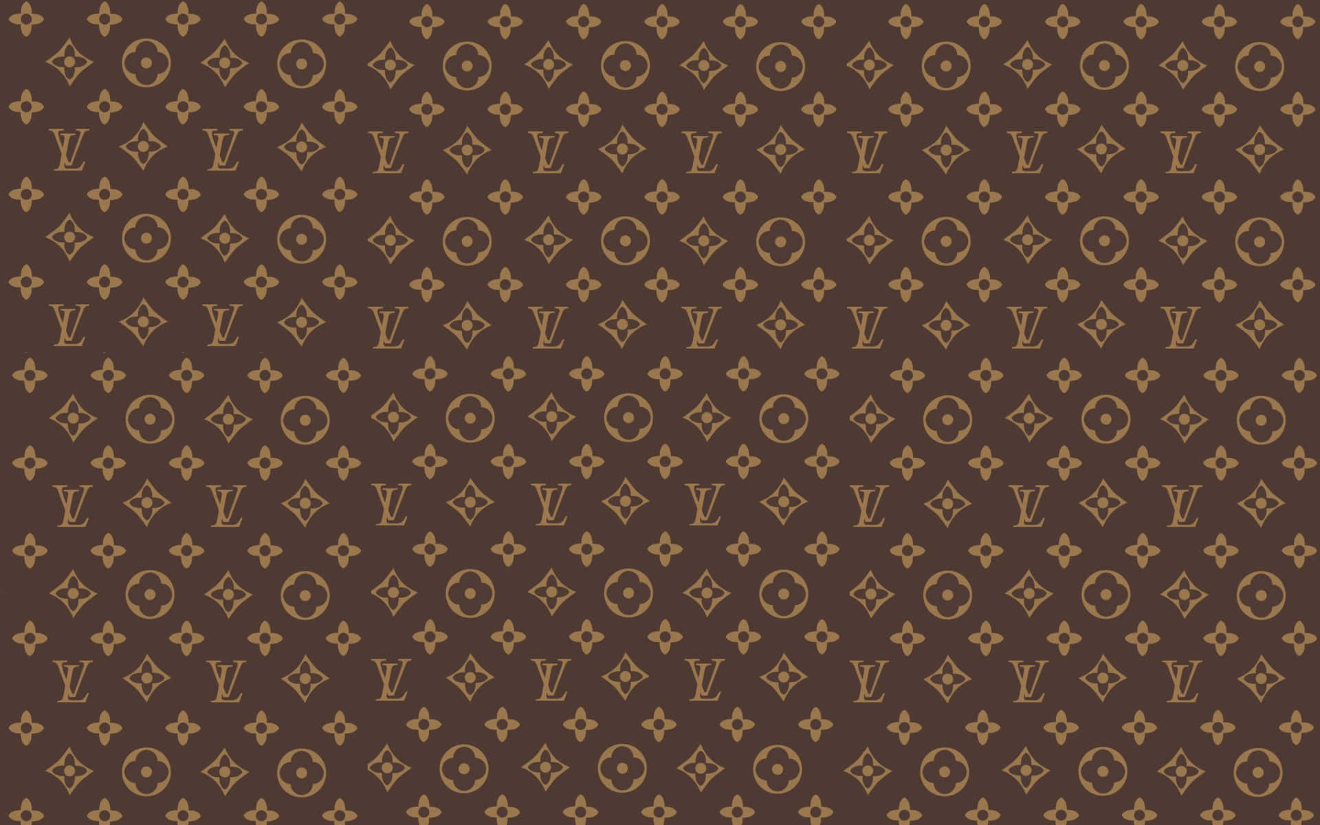 深棕色背景，帶有重複的金色 Louis Vuitton 字母組合圖案。