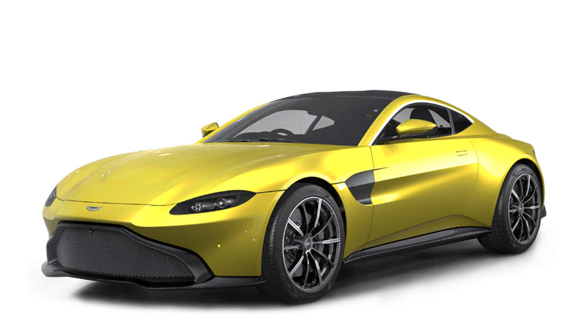 精緻阿斯頓·馬丁的優雅設計 壁紙 — 一輛鮮黃色嘅Aston Martin跑車，帶有黑色飾邊同流線型空氣動力學設計，喺白色背景上孤立。