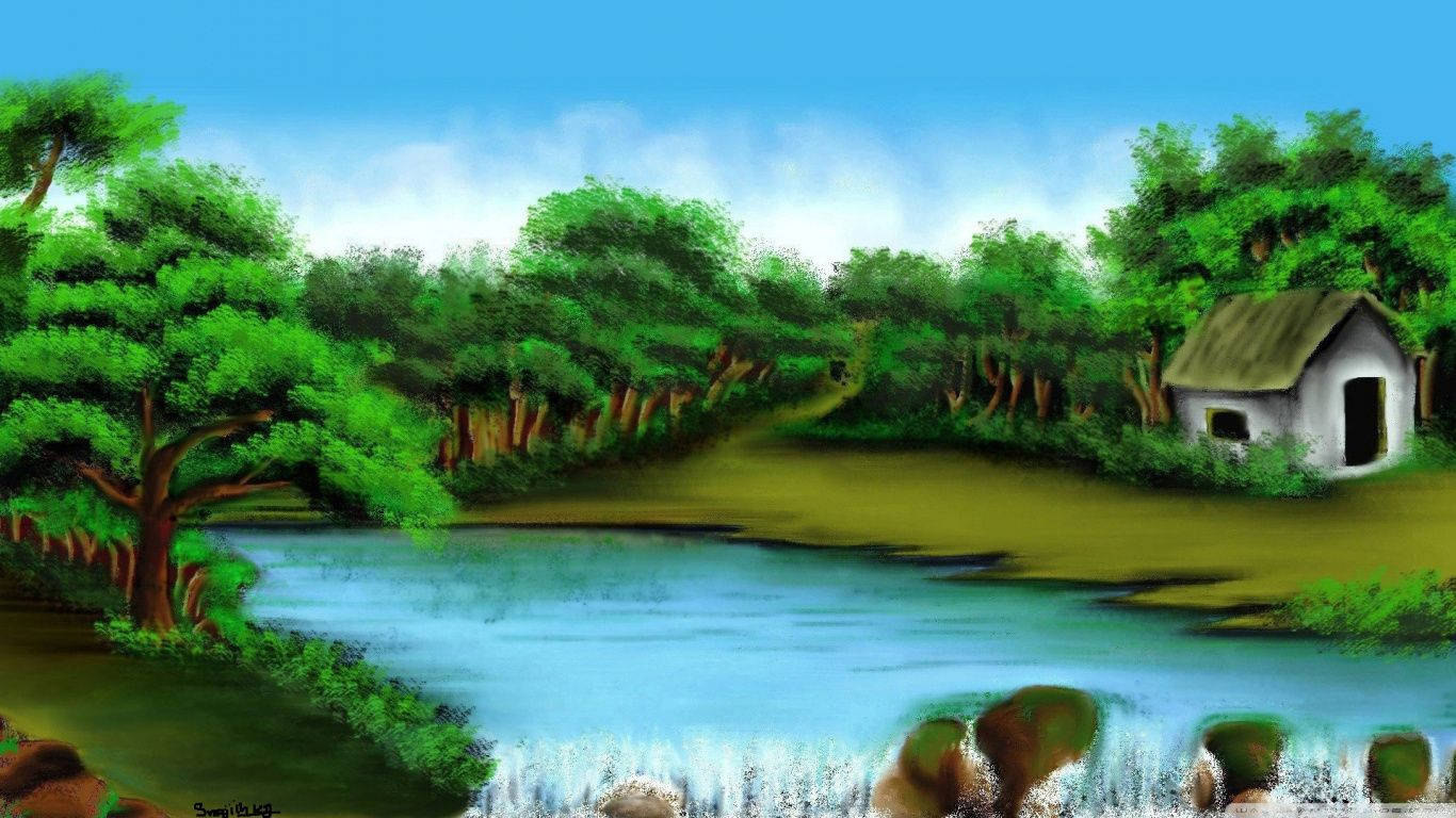 精緻高畫質風景藝術 壁紙 — 一幅寧靜的畫作，描繪了流淌的河流、小瀑布、茂密的綠樹，以及森林中一座質樸的小木屋。