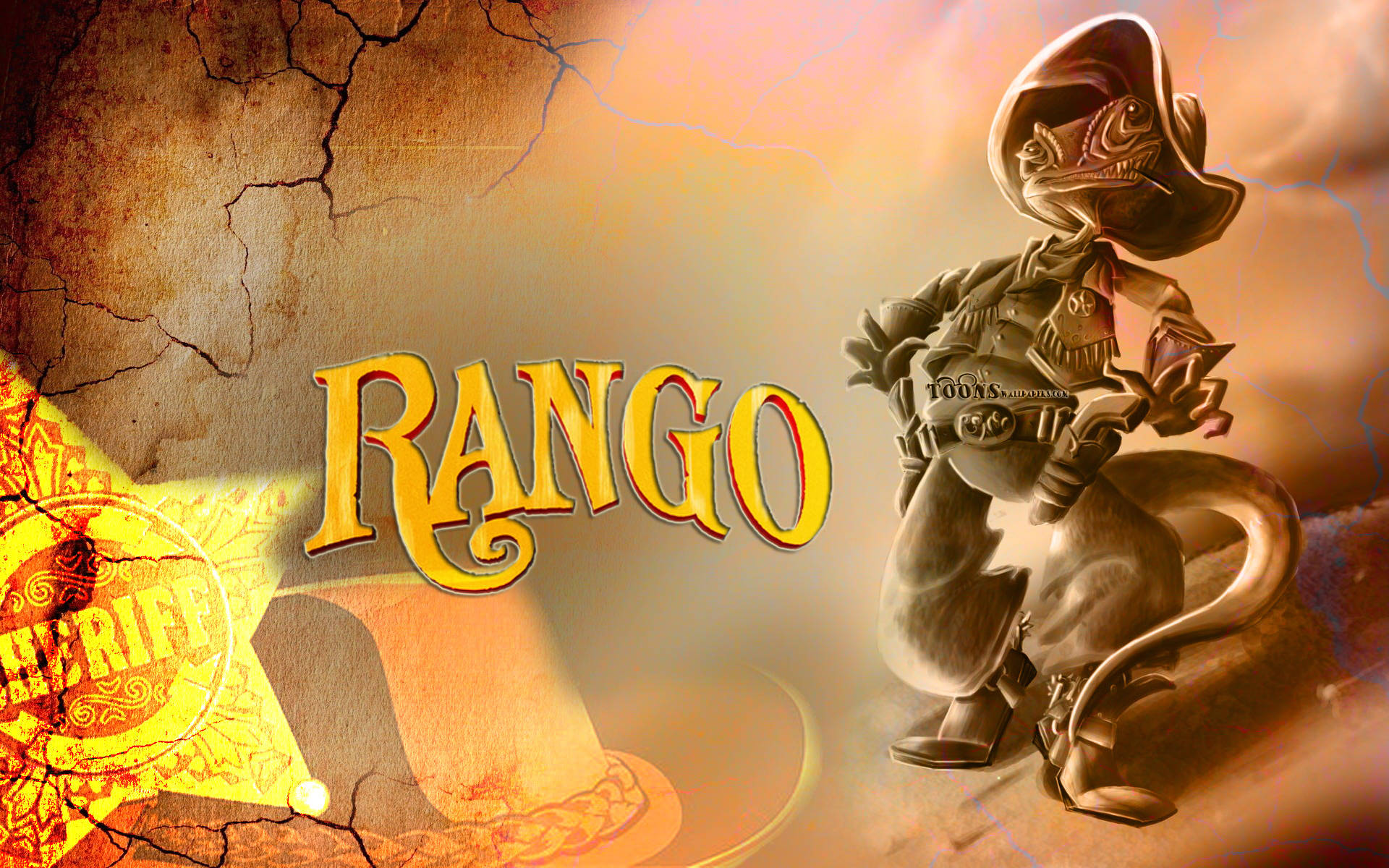 卡通變色龍警長穿著牛仔裝備，在沙漠環境中站在「Rango」標題旁邊。