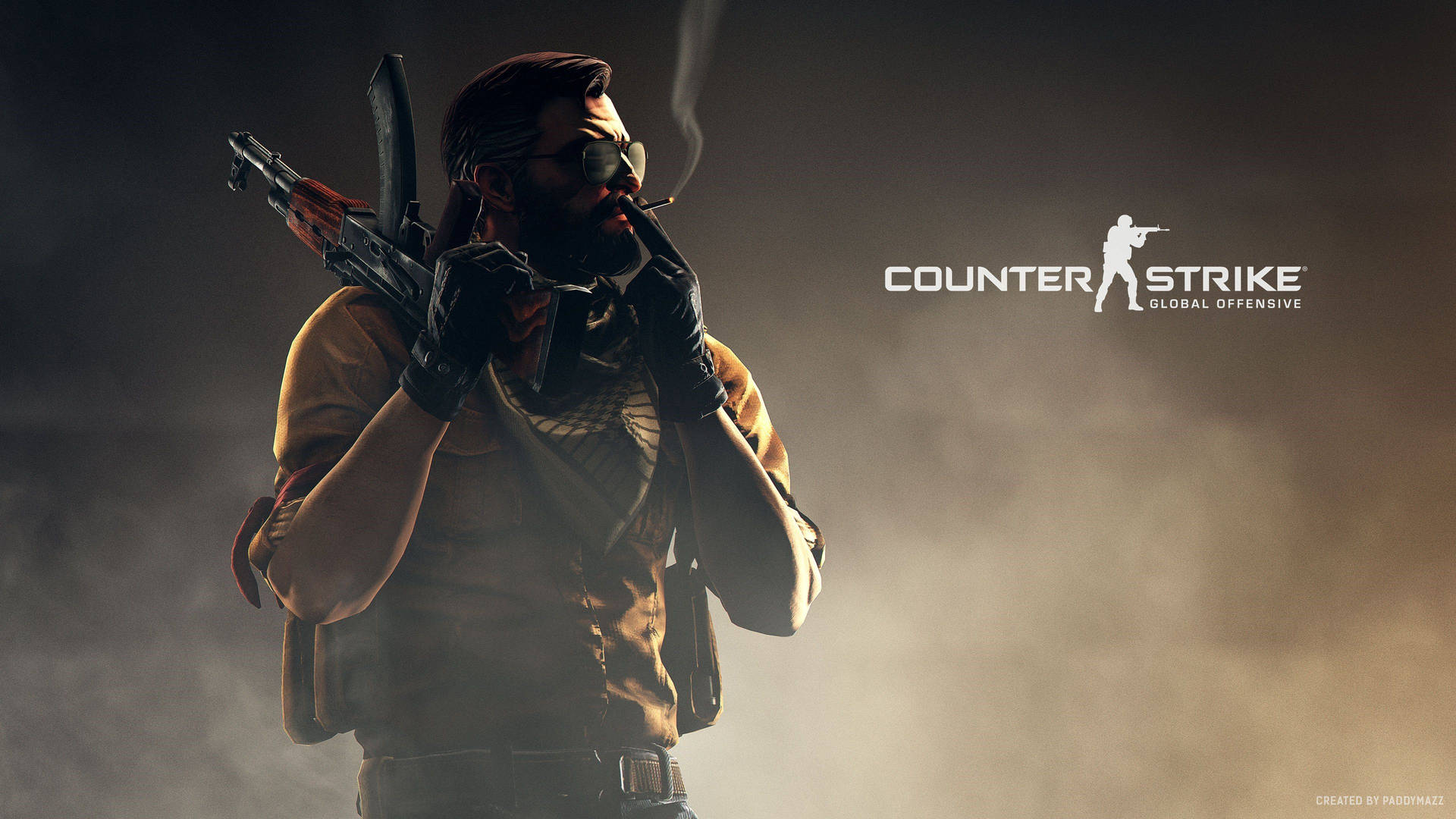Counter-Strike士兵在煙霧環境中手持步槍並抽雪茄。