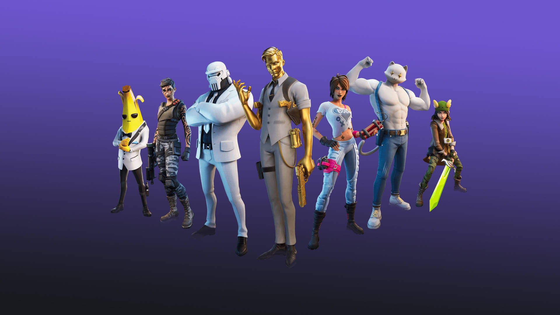 七個穿著色彩繽紛服裝的 Fortnite 遊戲角色手持武器擺姿勢。