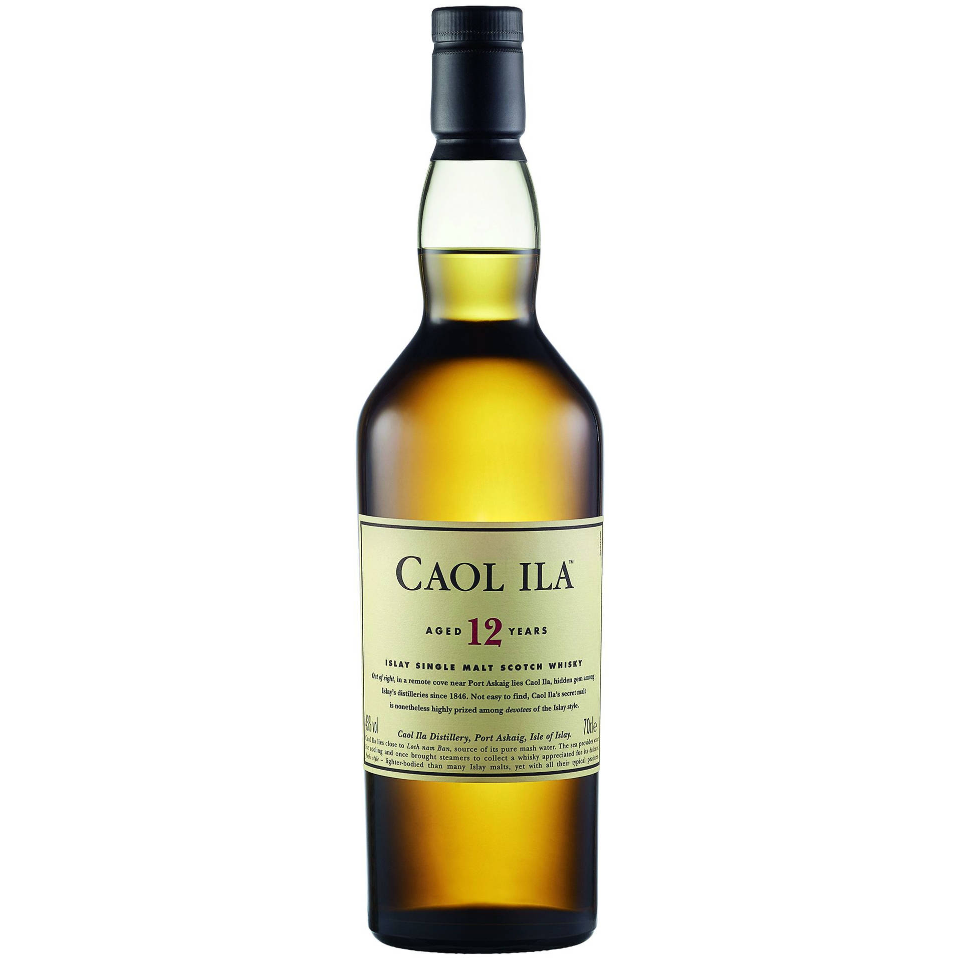一瓶Caol Ila 12年單一麥芽蘇格蘭威士忌，內有金色液體。