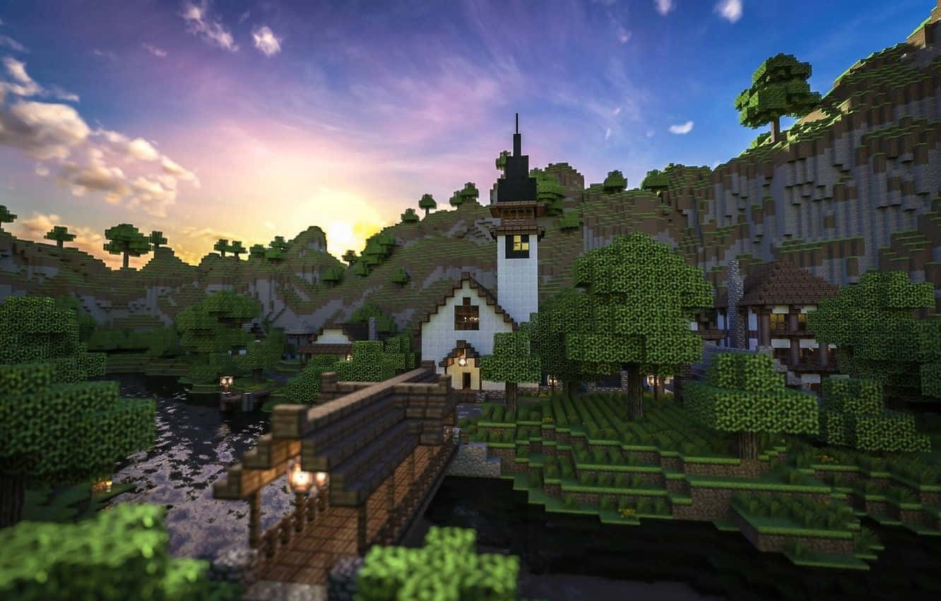 日落時分有教堂和橋樑的Minecraft村莊