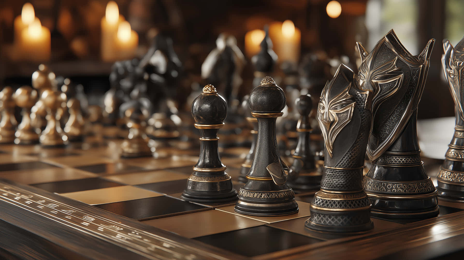 燭光照亮的木製棋盤上帶金邊的華麗國際象棋棋子