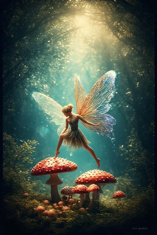 精靈低語 魔法森林 壁紙 — 一位發光的仙女，擁有半透明的翅膀，優雅地棲息在陽光斑駁的魔法森林中鮮豔的紅色蘑菇上。