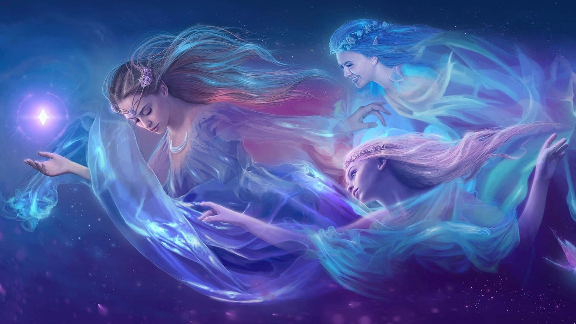 三位發光女子在星際宇宙空間中飄浮，手持一顆璀璨水晶。