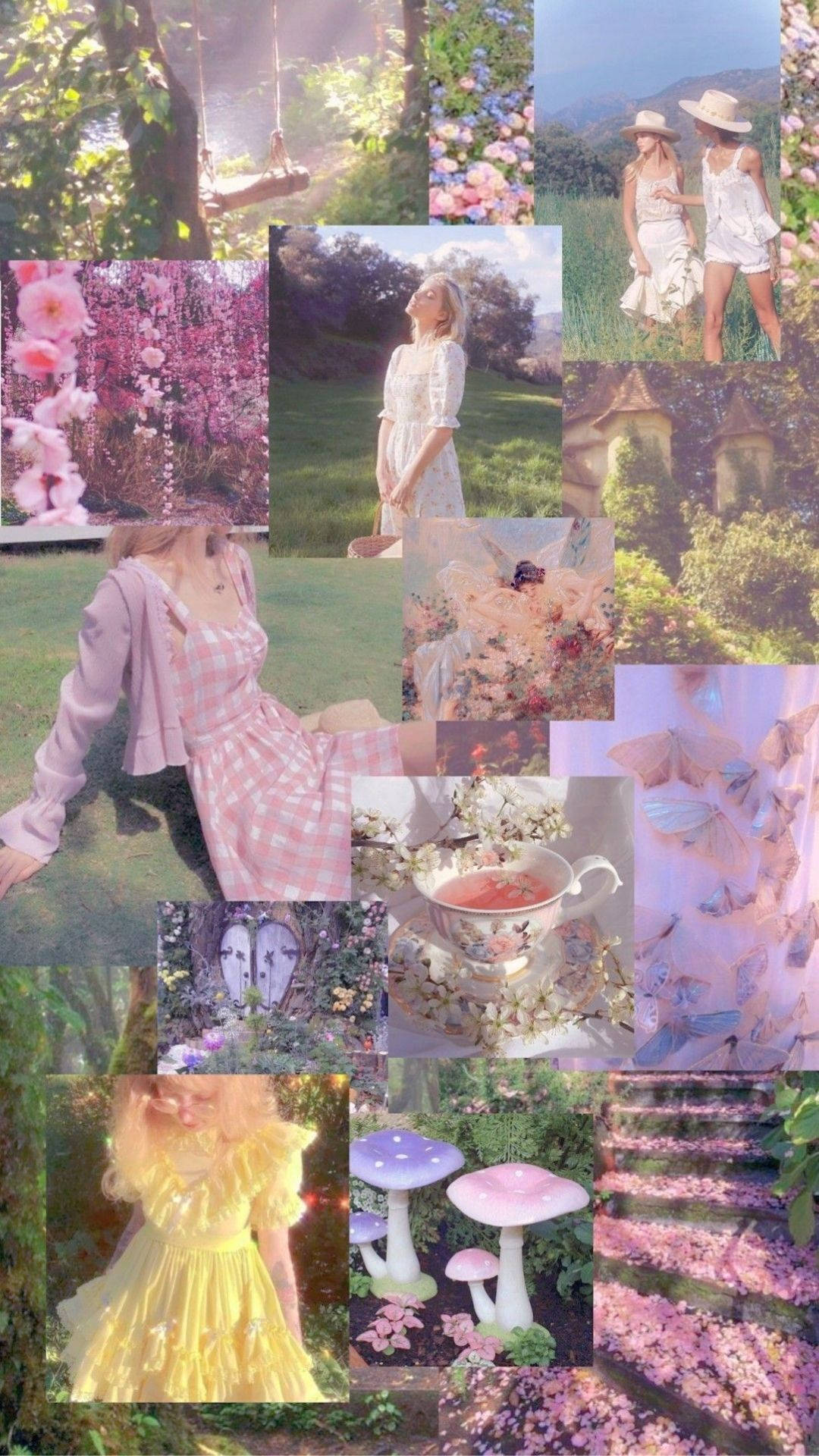柔和色調的花園拼貼，以女性、花朵、蘑菇和茶為特色。
