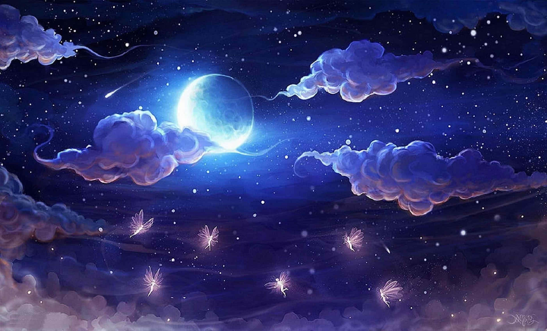 發光的仙女在明亮的月亮下，穿過佈滿星星的紫色雲層在夜晚飛翔。